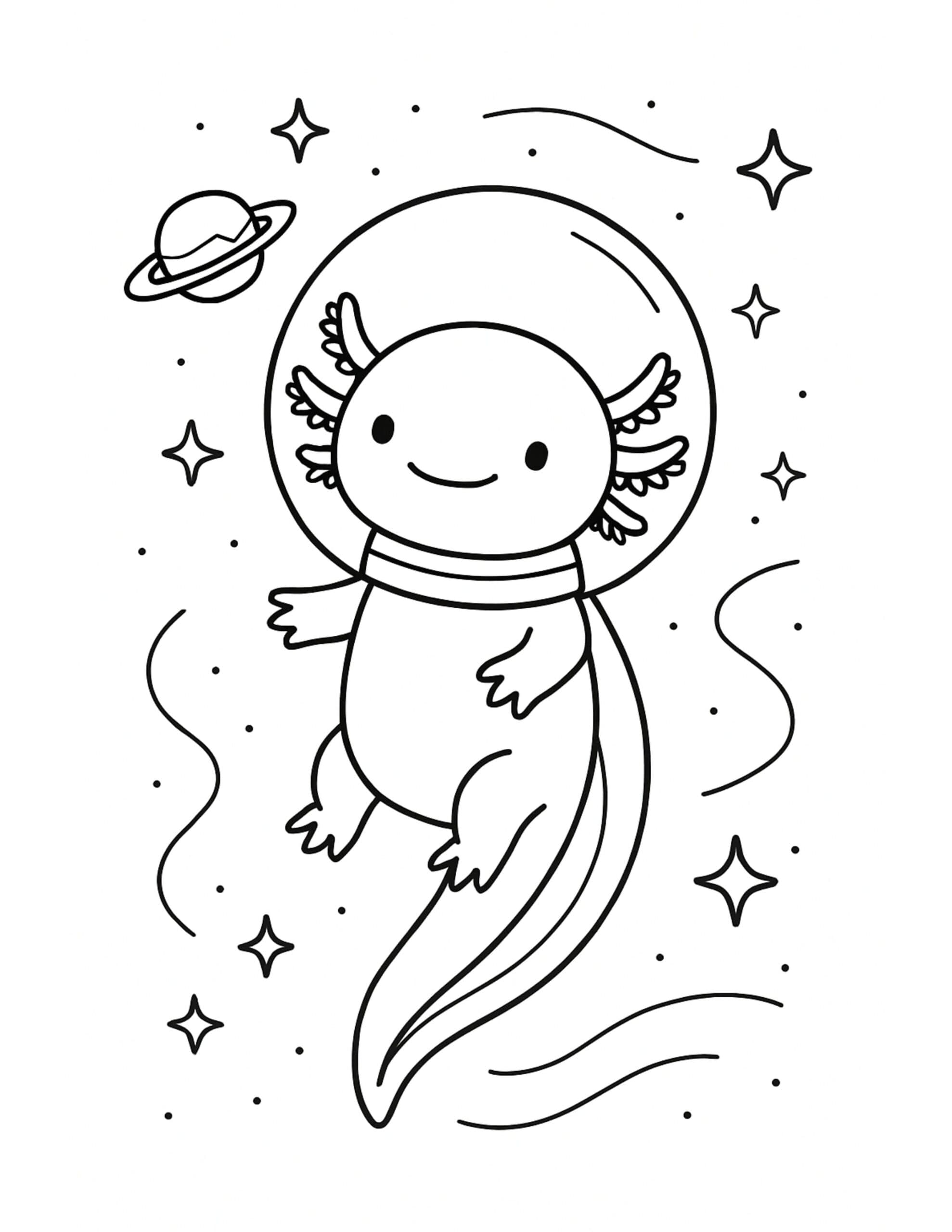 axolotl floating in space coloring page with a round helmet, stars, and a ringed planet