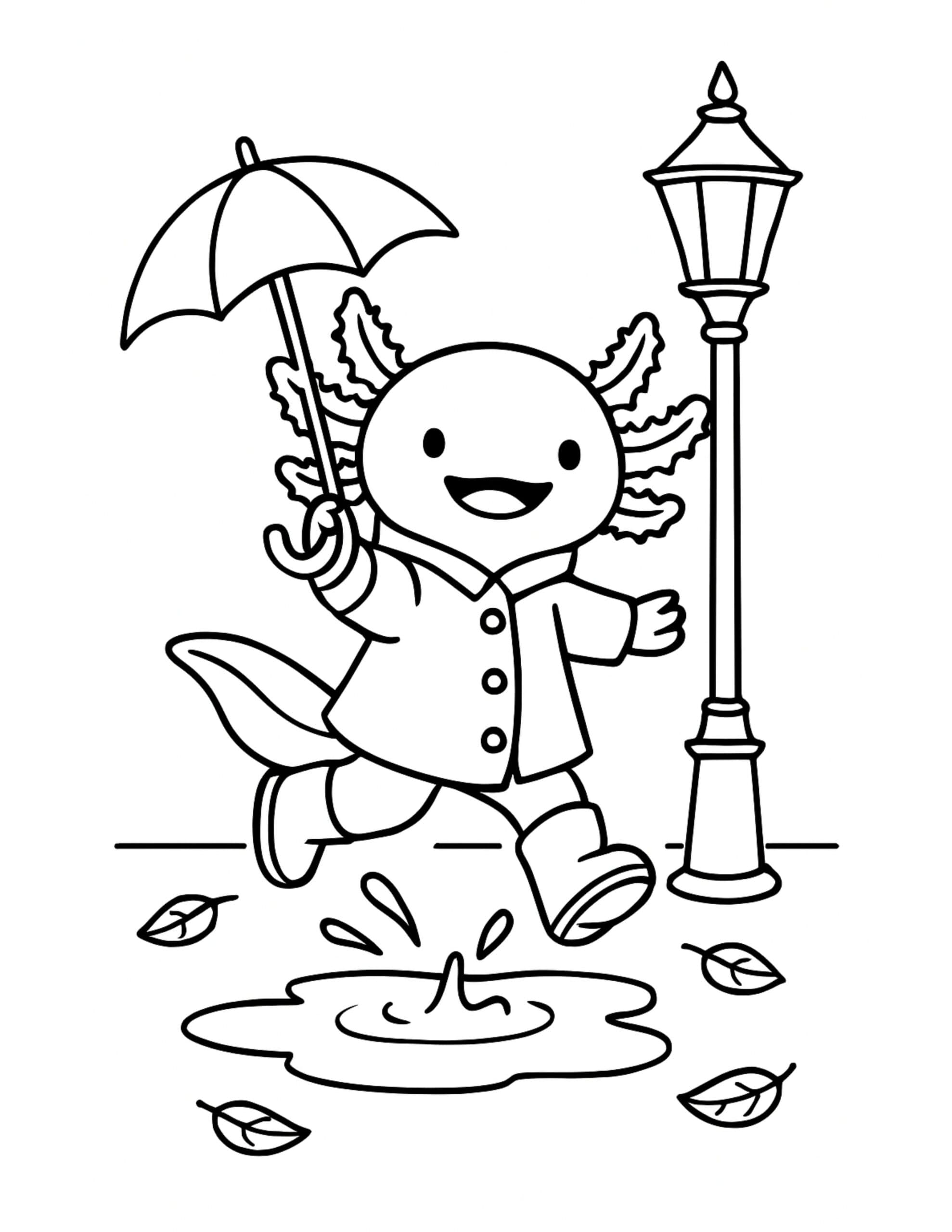 axolotl jumping in puddle coloring page with a happy axolotl in a raincoat holding an umbrella near a street lamp coloring page