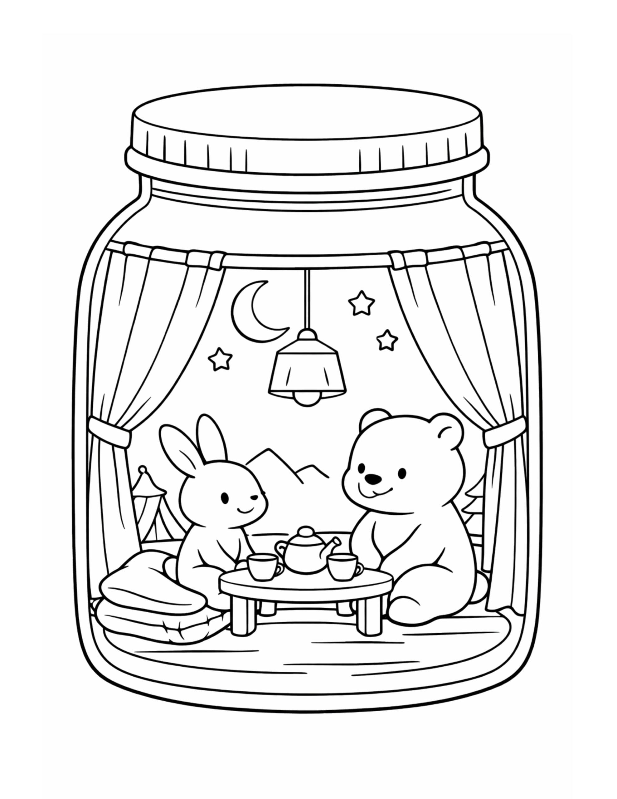 bear and bunny tea time coloring page, cute bear and bunny sharing tea at a small table inside a jar coloring page