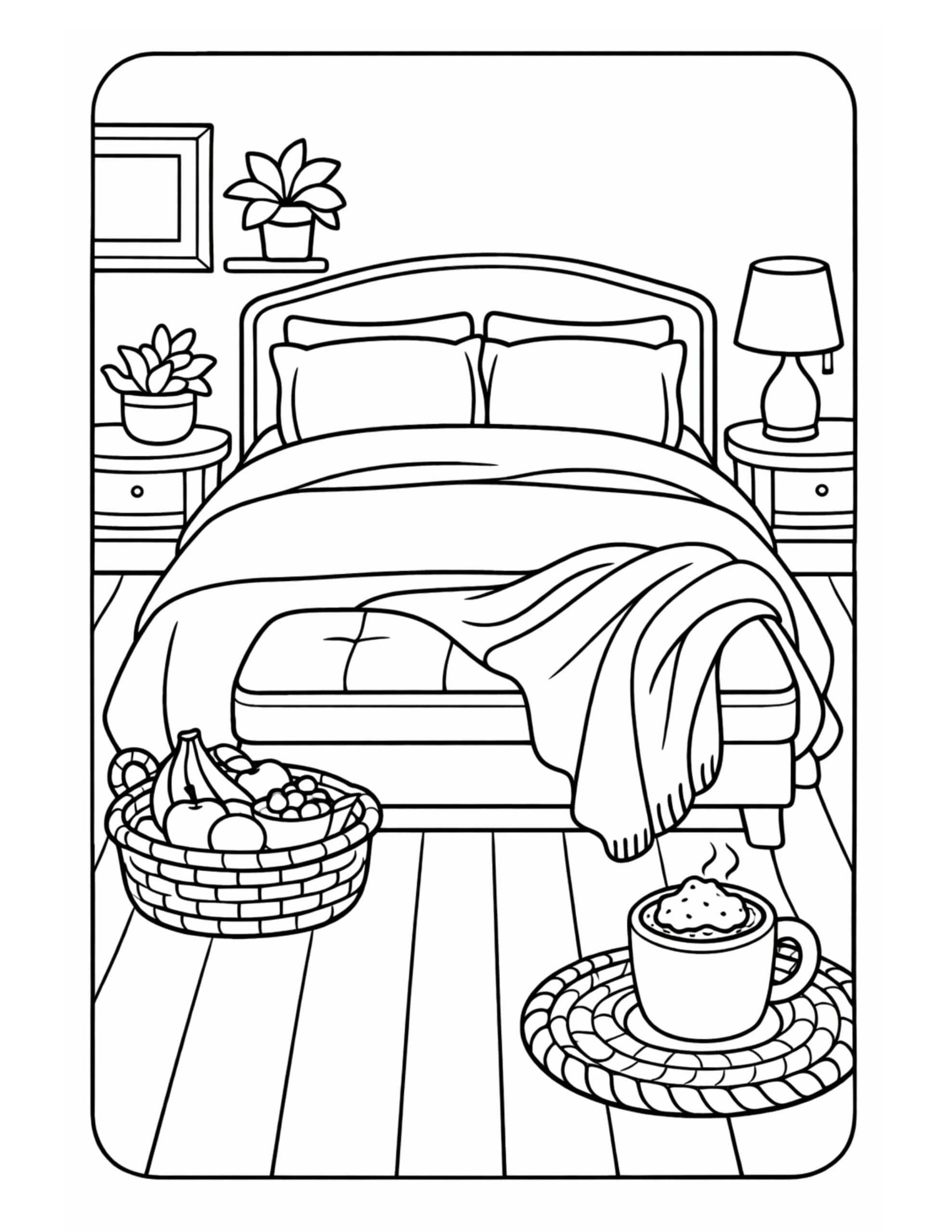bedroom hot cocoa by bed coloring page with a made bed, draped blanket, bedside lamp, plants, and steaming mug coloring page