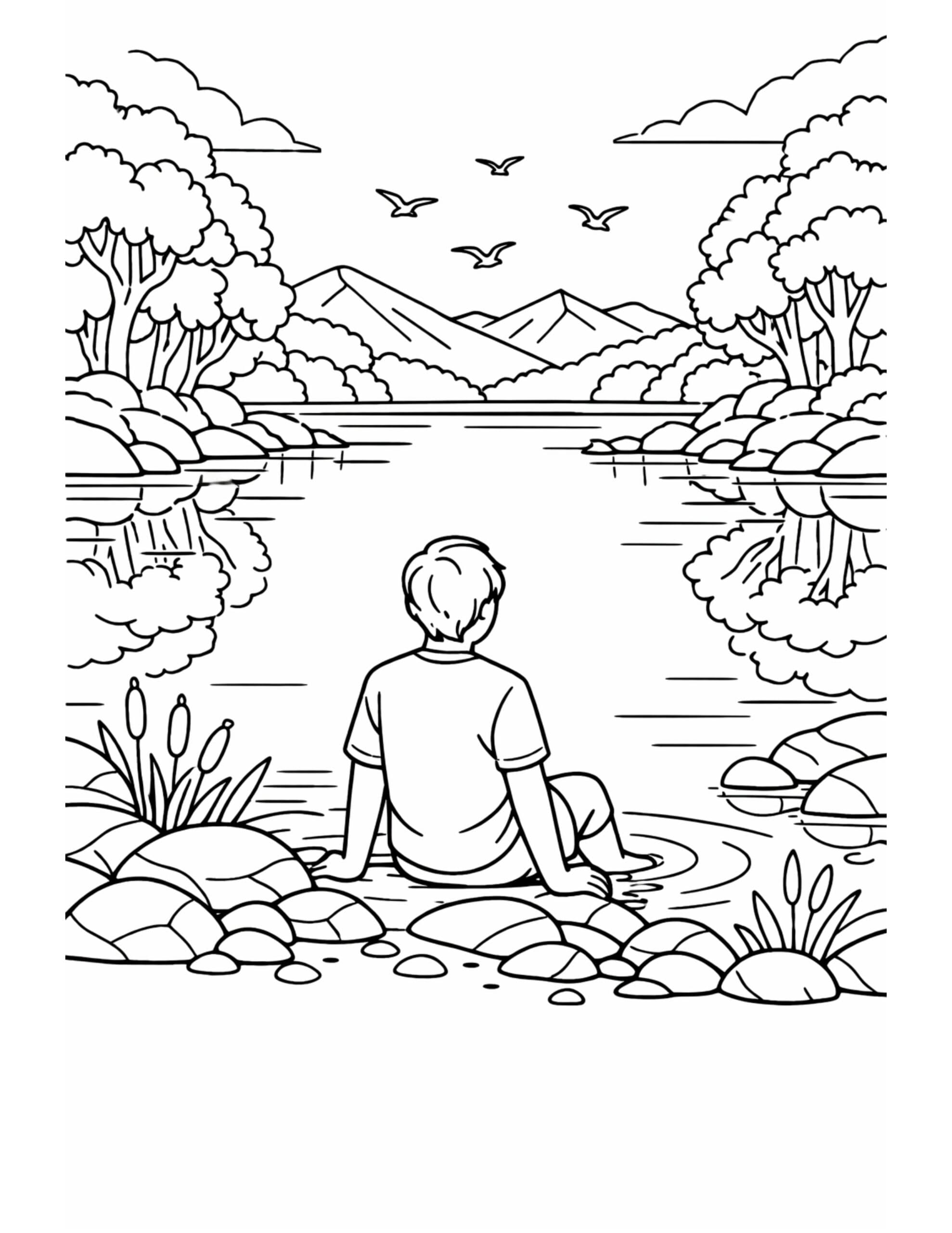 boy sitting by lake coloring page, child by calm water with mountains and birds, coloring page