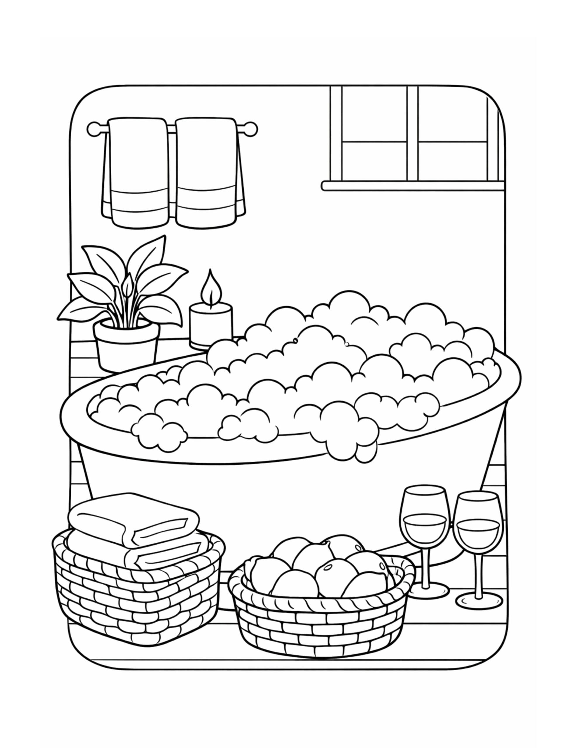 bubble bath with candle coloring page with foamy tub, towels, plant, and wine glasses coloring page