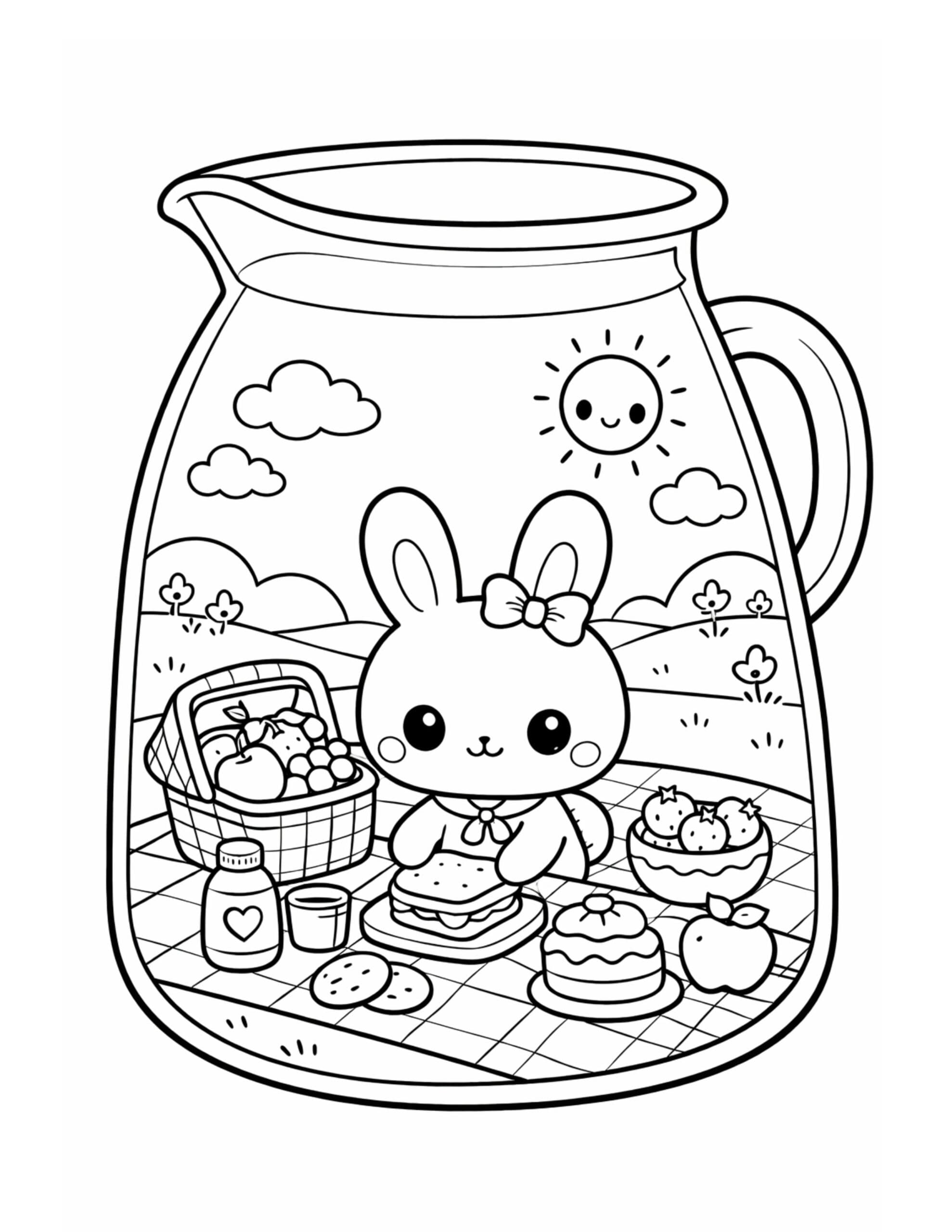 bunny picnic in pitcher coloring page with picnic basket, treats, and a smiling sun coloring page