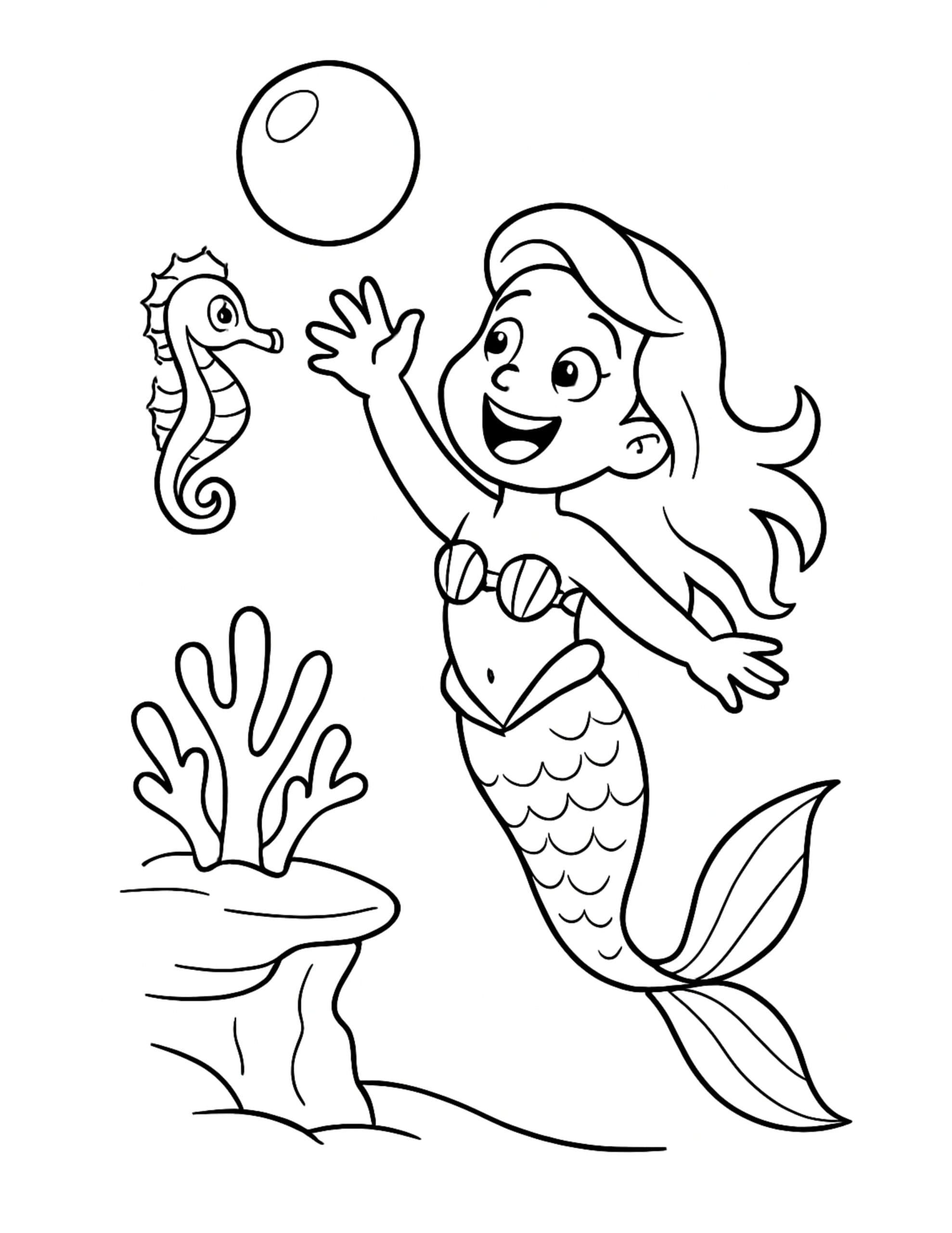 cute mermaid waving at a seahorse underwater coloring page with bubble and coral