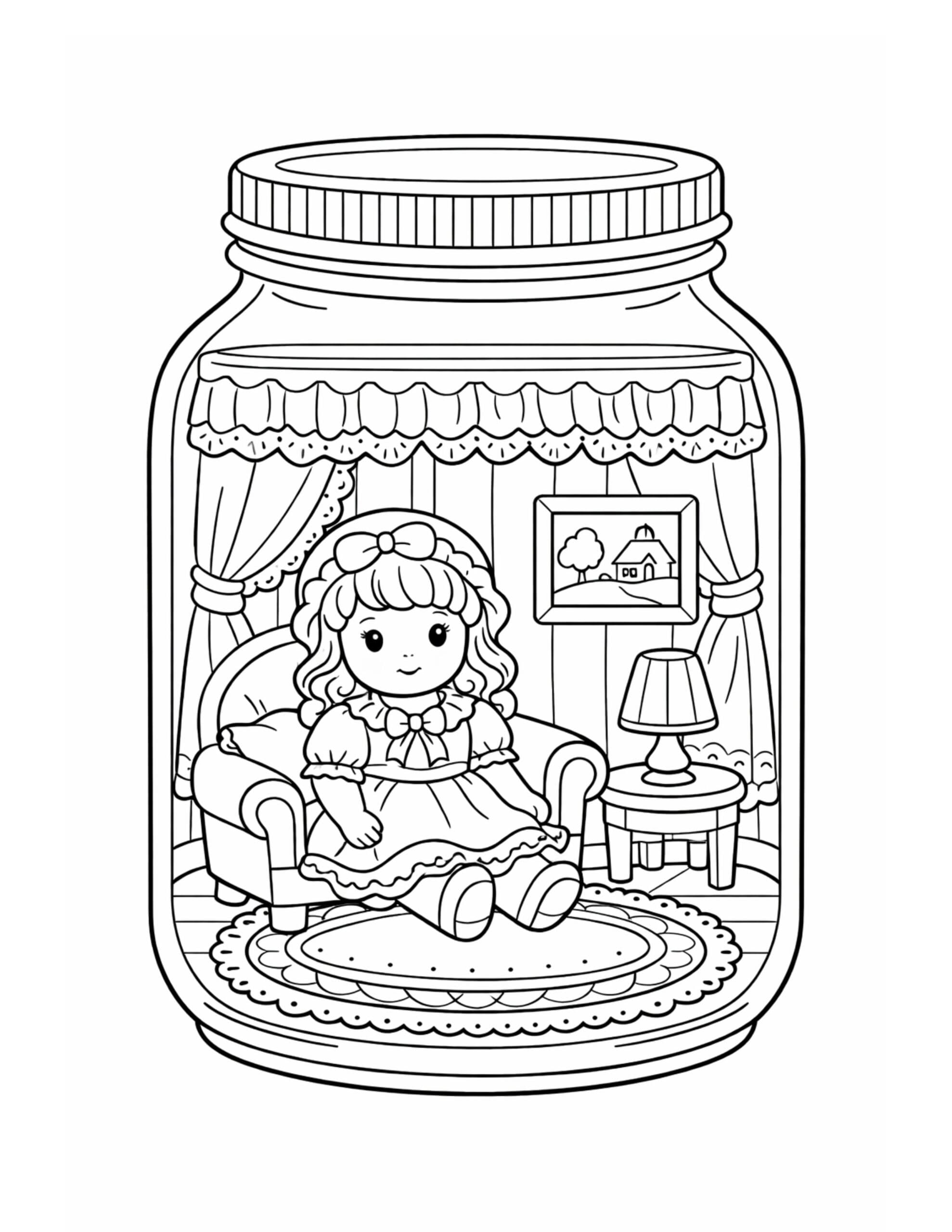 doll sitting in cozy room coloring page with a doll on an armchair, curtains, lamp, and rug coloring page