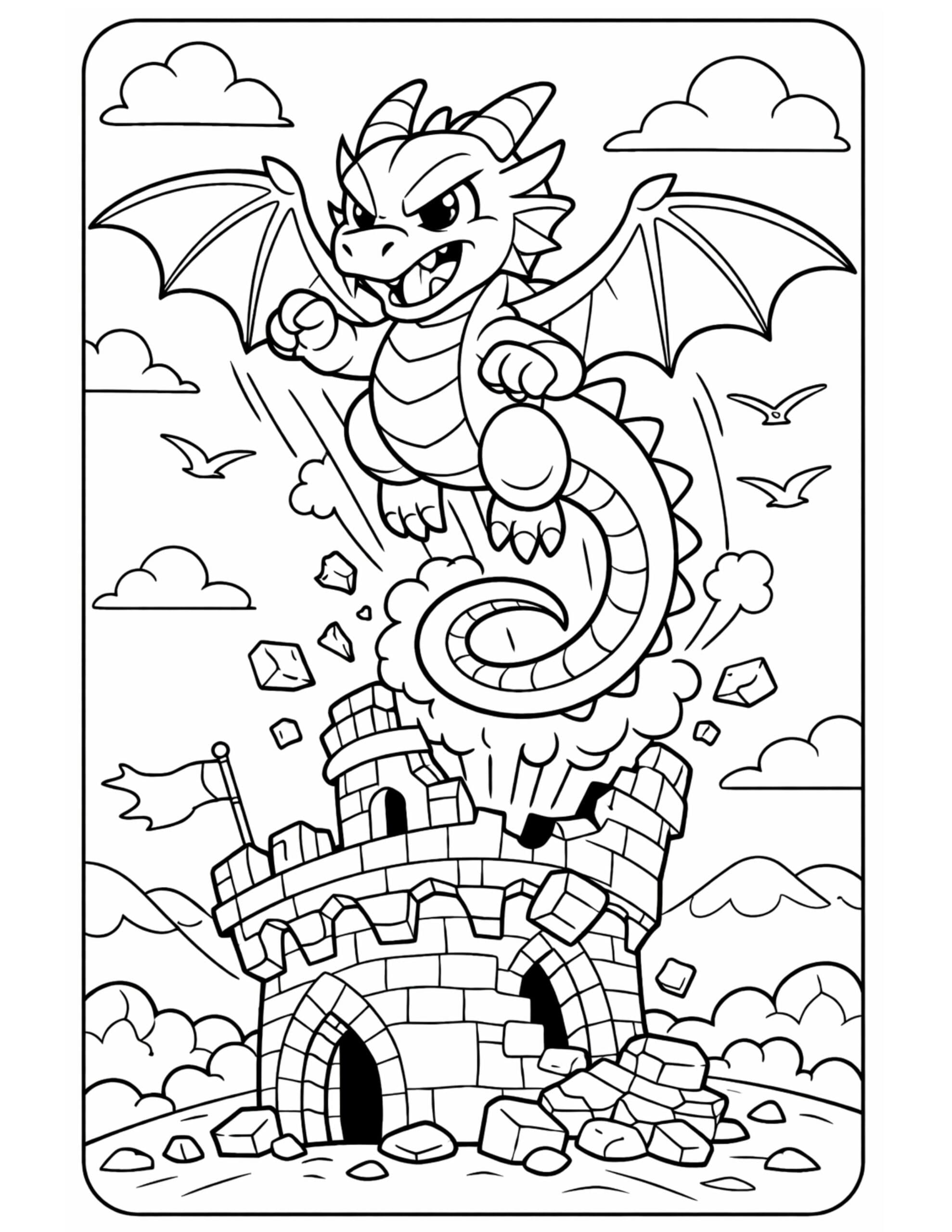 dragon attacking a castle coloring page with an angry dragon flying over a crumbling tower and flying debris coloring page