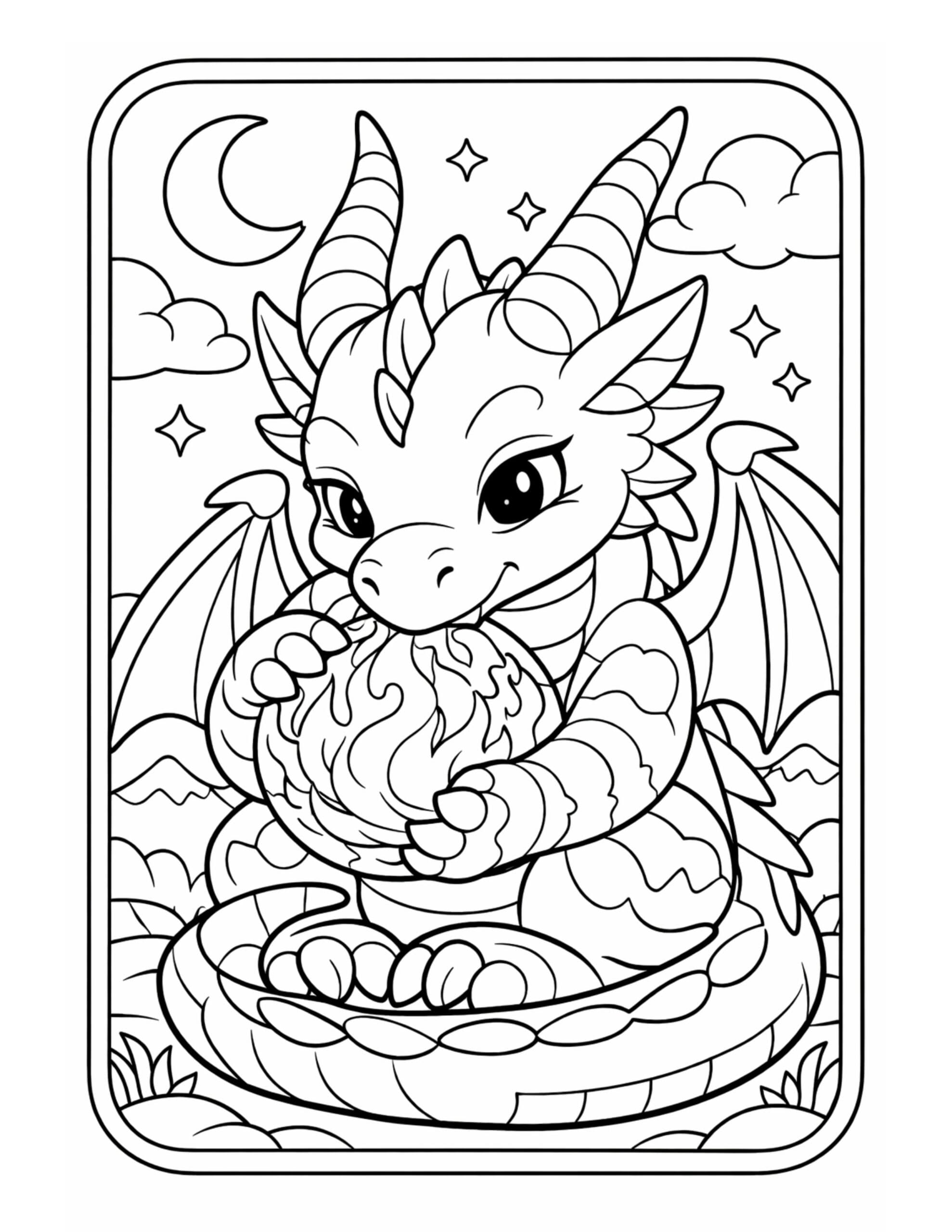 dragon holding a fireball coloring page featuring a cute dragon cuddling a flaming orb under the moon coloring page
