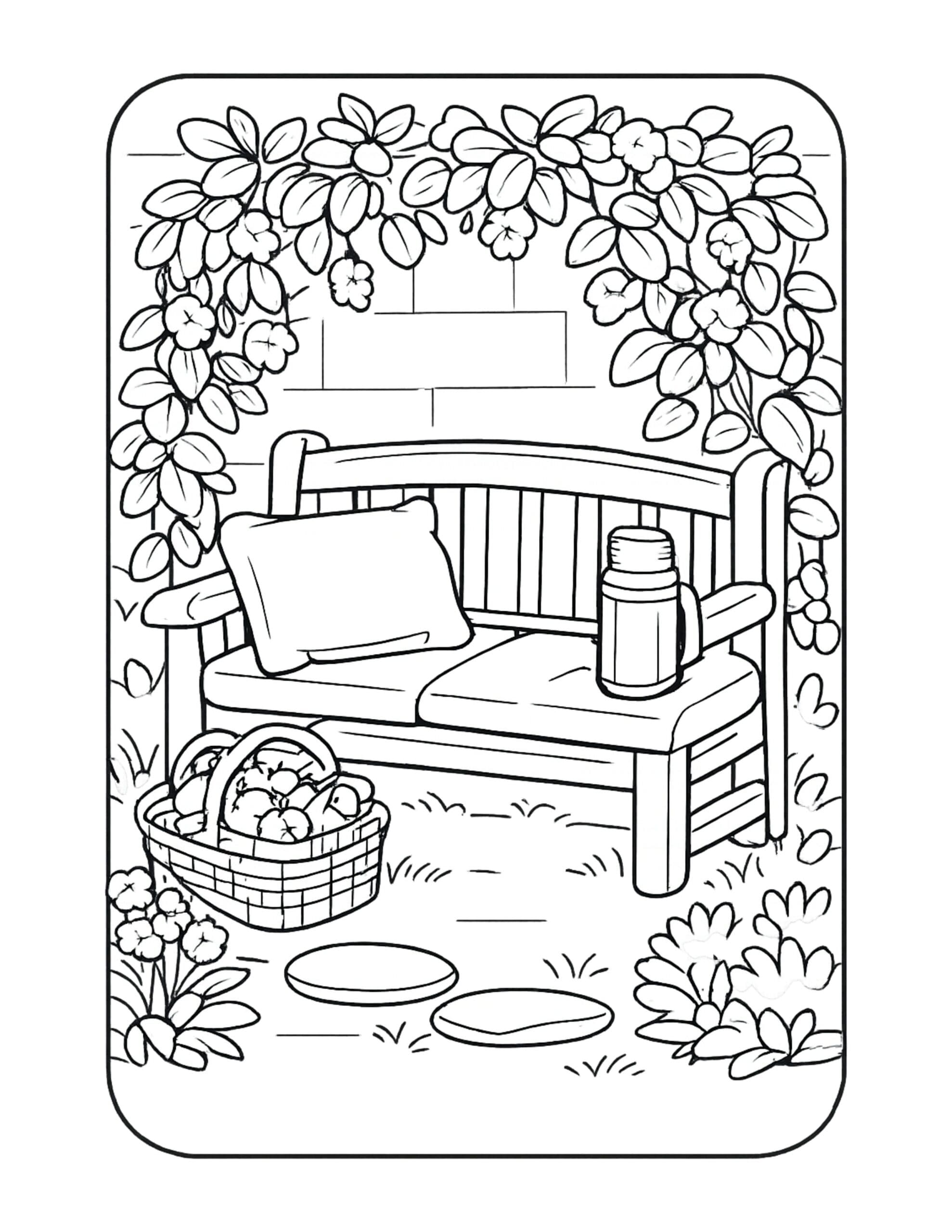garden bench with thermos coloring page, leafy arch over a bench with pillow and basket