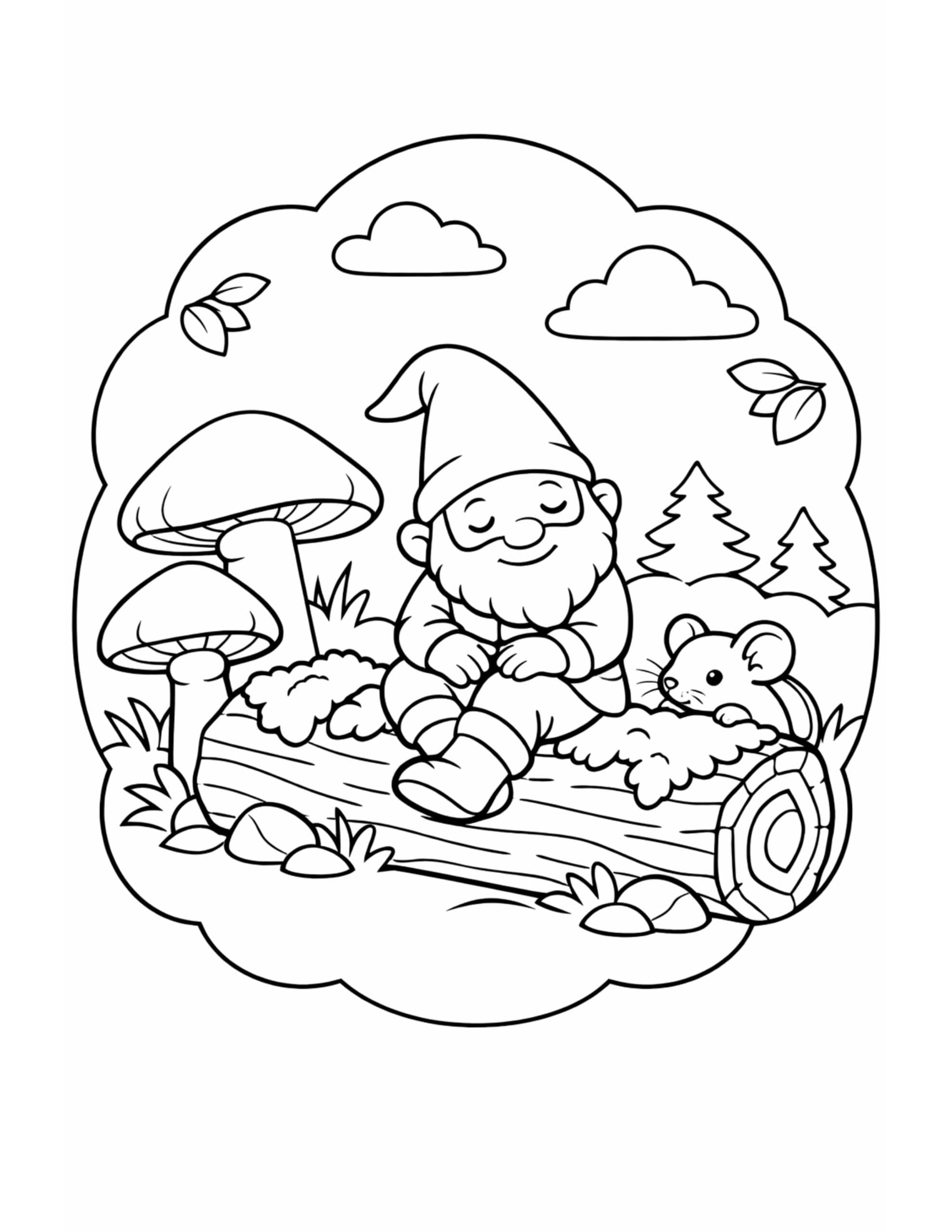 gnome napping with mouse coloring page, sleepy gnome on a log with mushrooms and pine trees coloring page