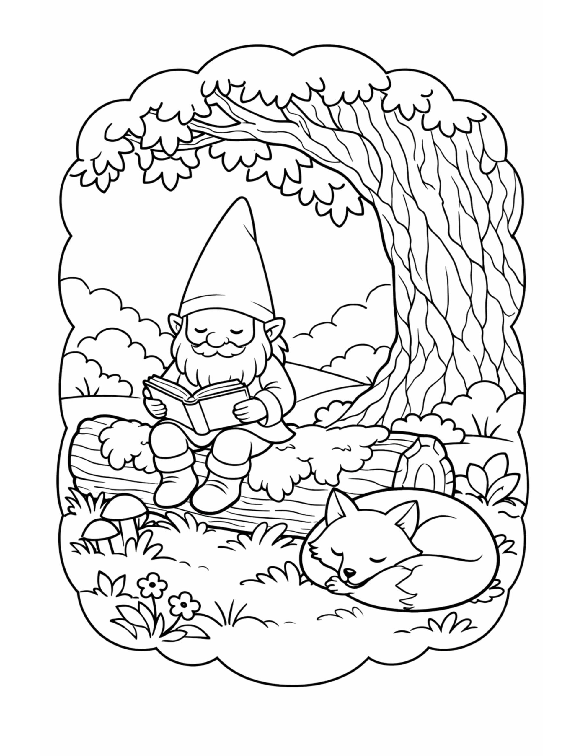 gnome reading on a log coloring page under a big tree with a sleeping fox