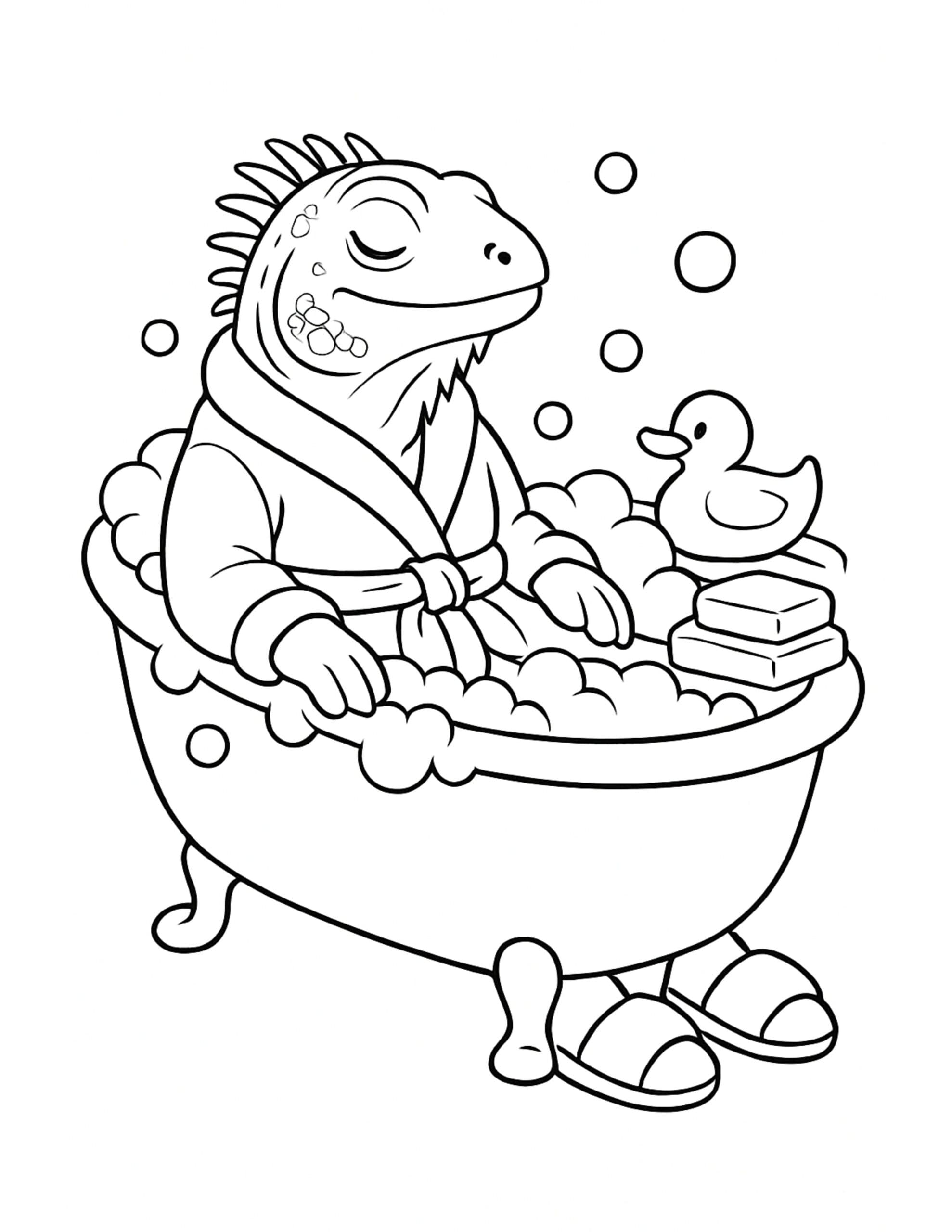 lizard taking bubble bath coloring page with a robe, bubbles, rubber duck, and soap coloring page