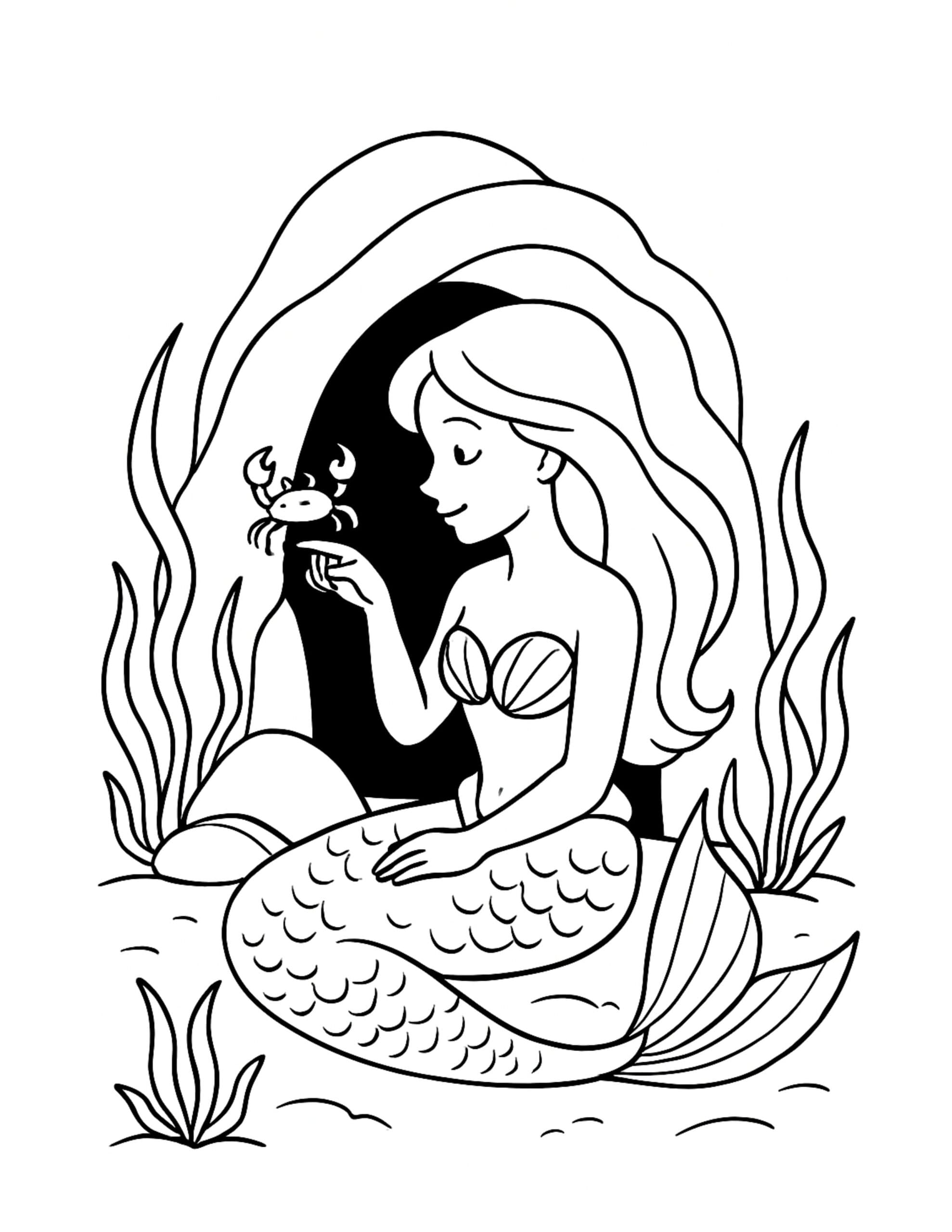 mermaid sitting by an underwater cave with a cute crab coloring page and seaweed