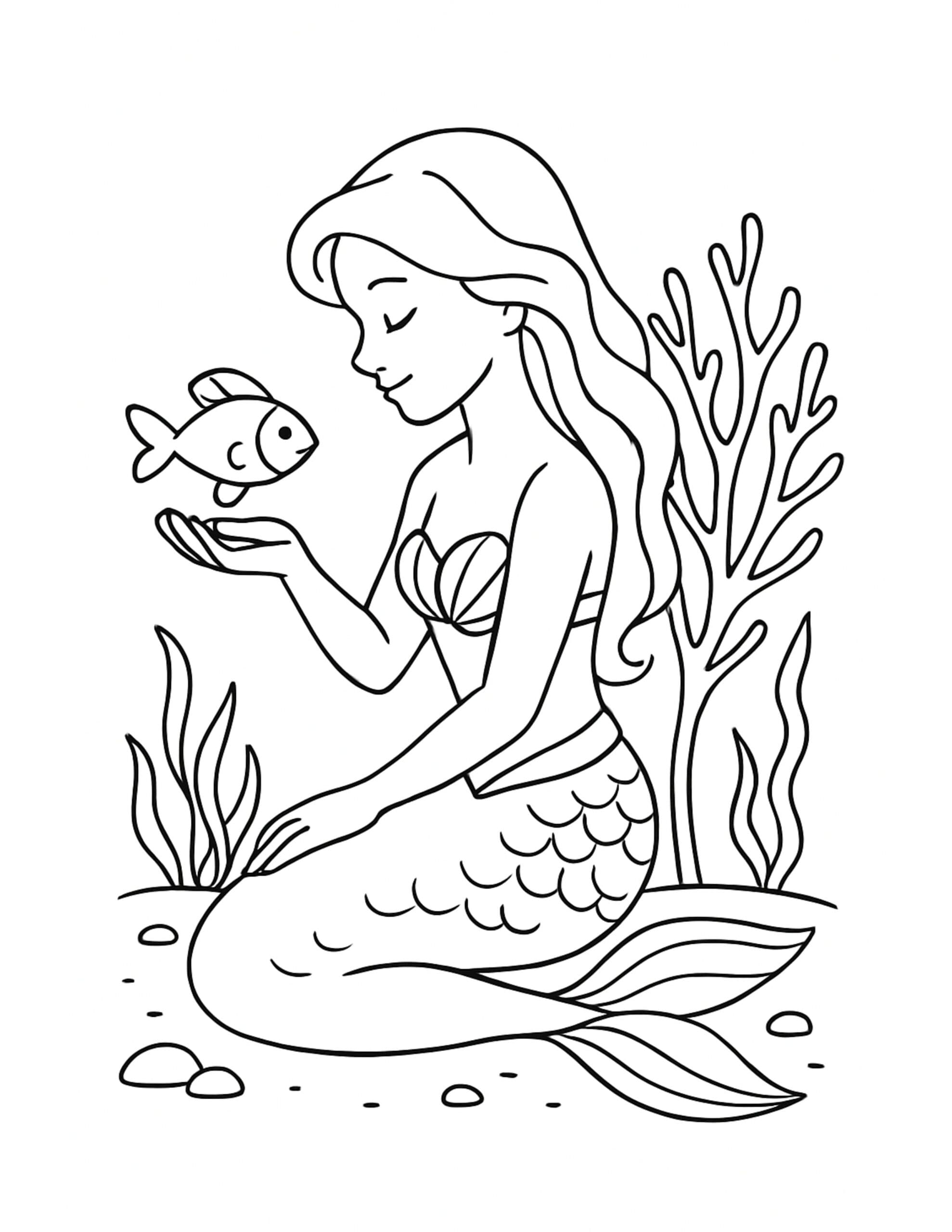 mermaid holding a fish coloring page with a calm underwater scene, seaweed and coral outlines