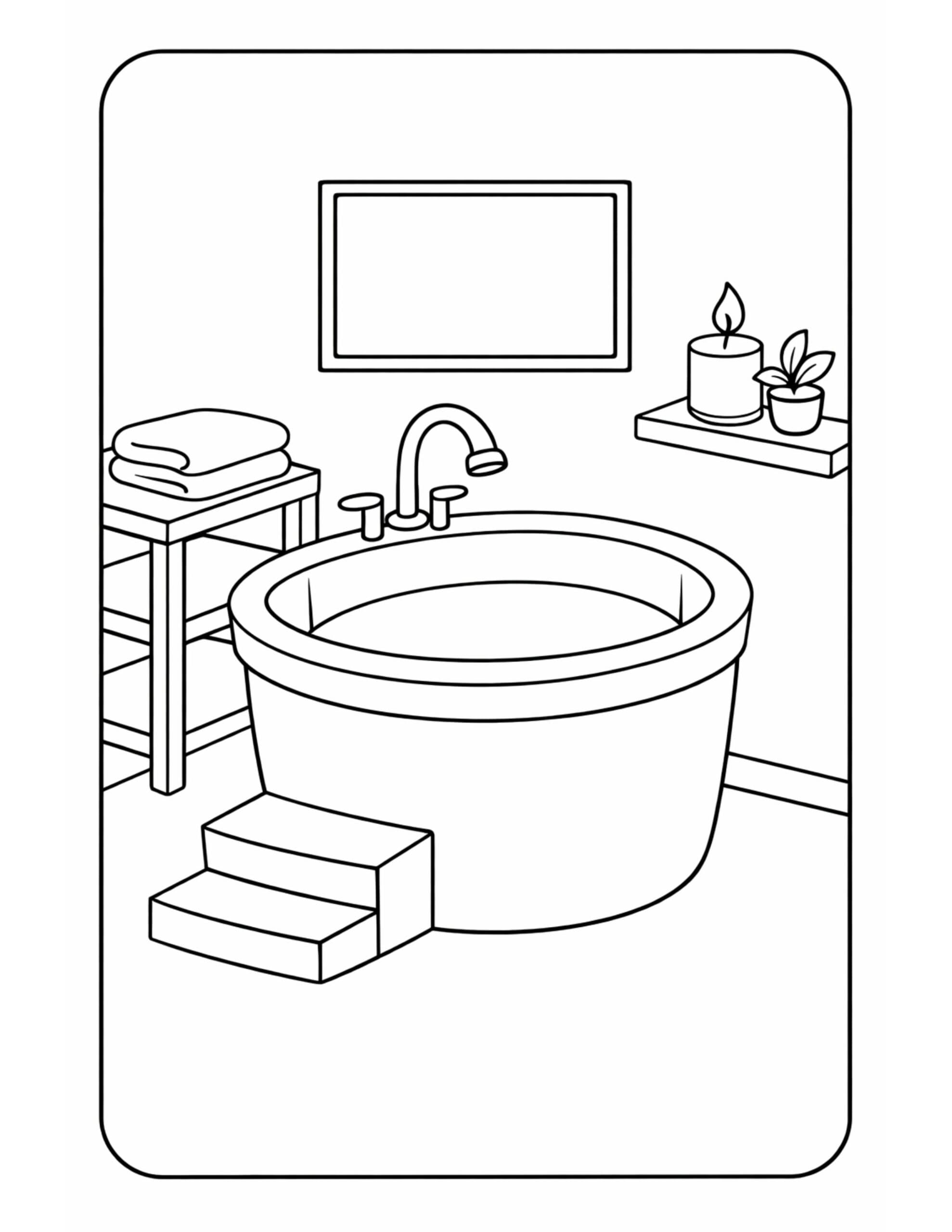 round bathtub with candle coloring page featuring a round tub, small steps, towels, and a candle shelf coloring page