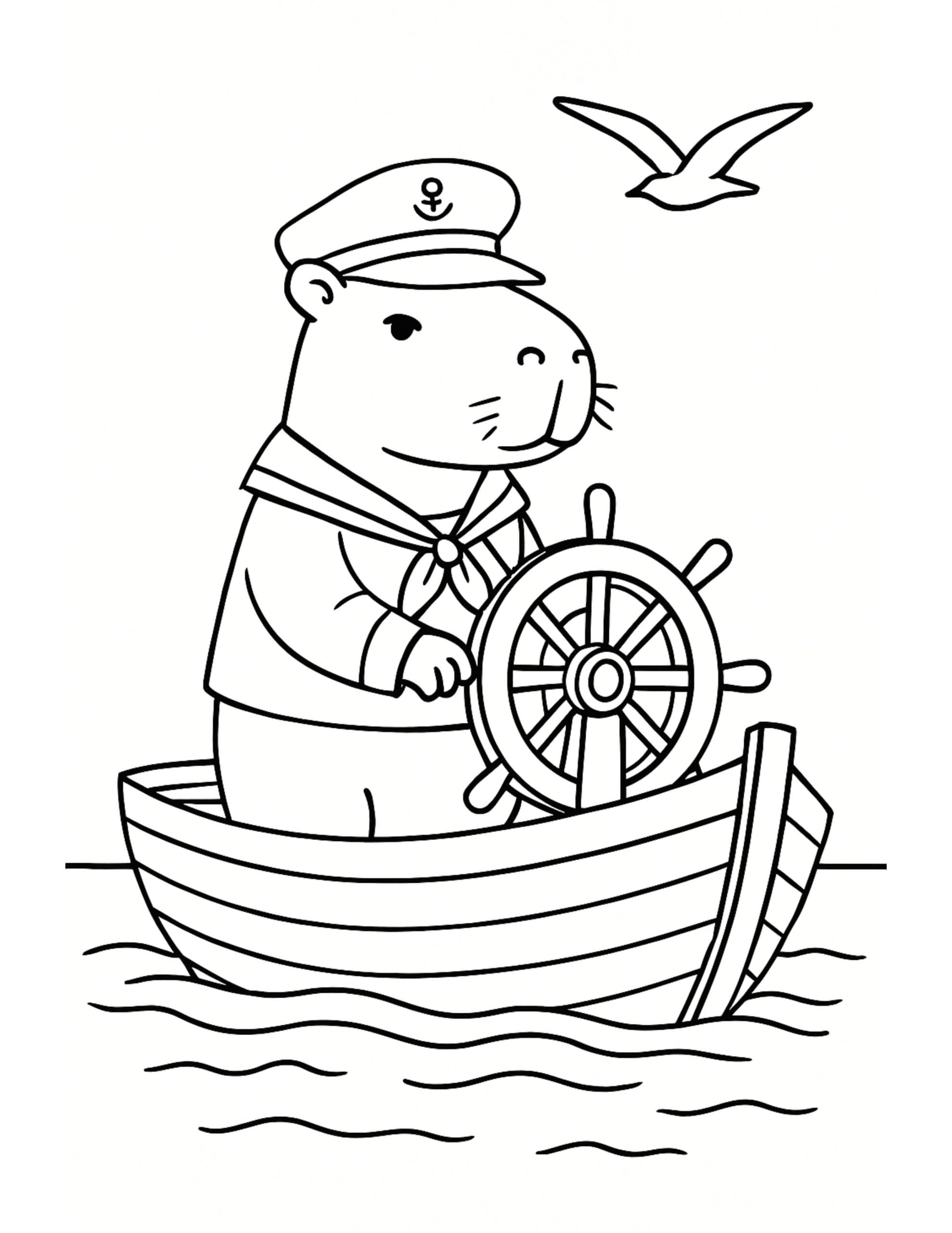 cute sailor capybara steering a boat coloring page with ocean waves and a seagull