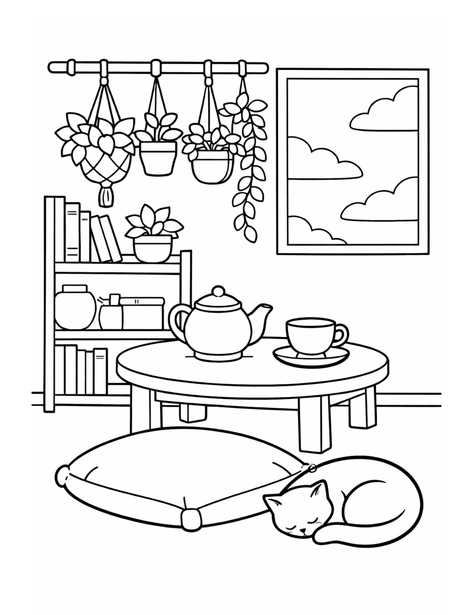 sleeping cat by tea table coloring page with teapot, cup, hanging plants, bookshelf, and window clouds