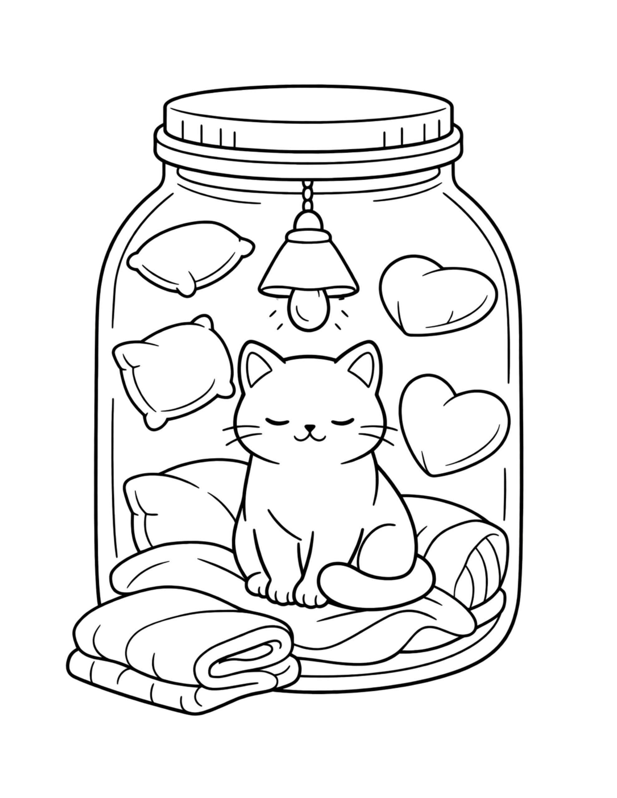 sleeping cat in a jar coloring page with heart pillows, hanging lamp, cozy blankets coloring page