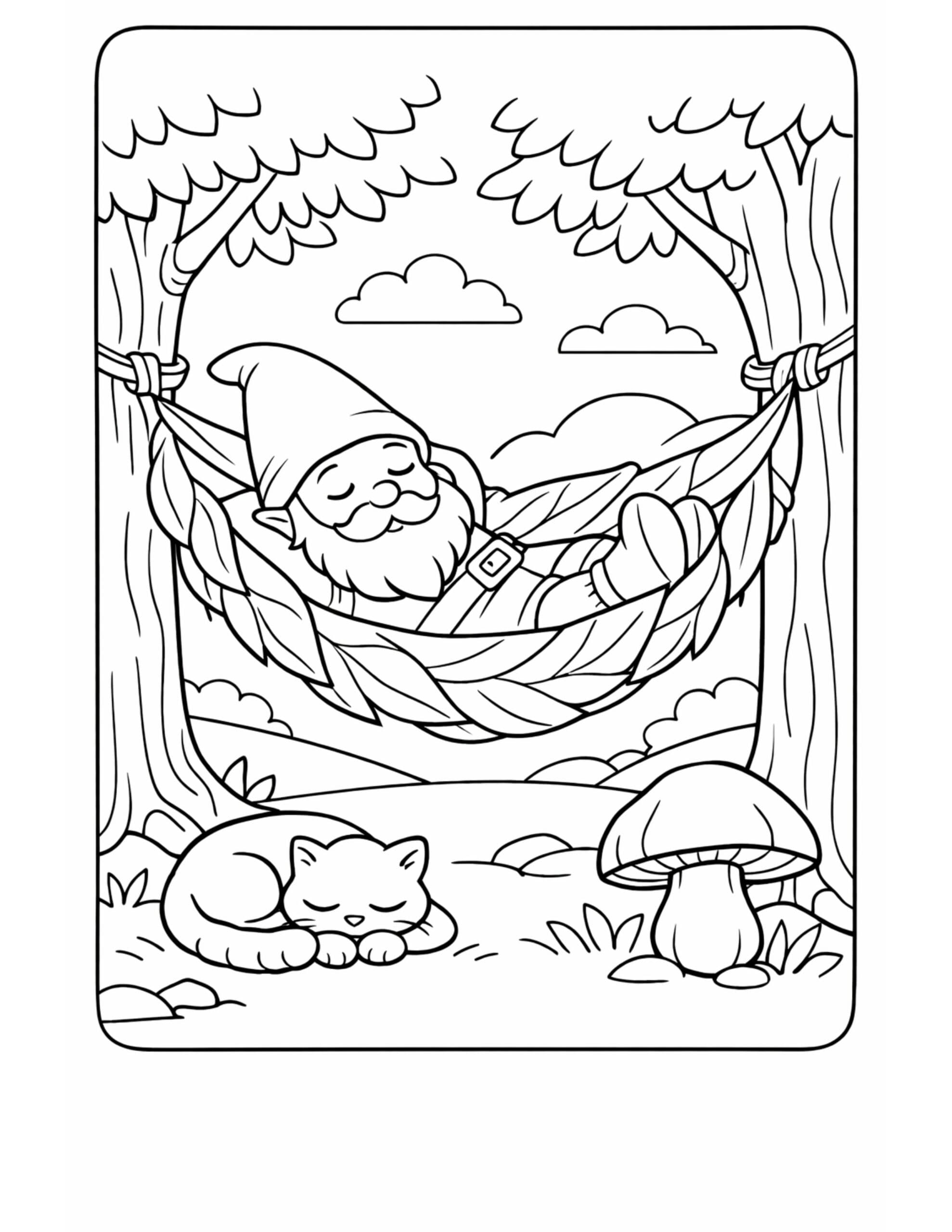 sleeping gnome in hammock coloring page, gnome resting in a leafy hammock with a sleeping cat and mushroom coloring page
