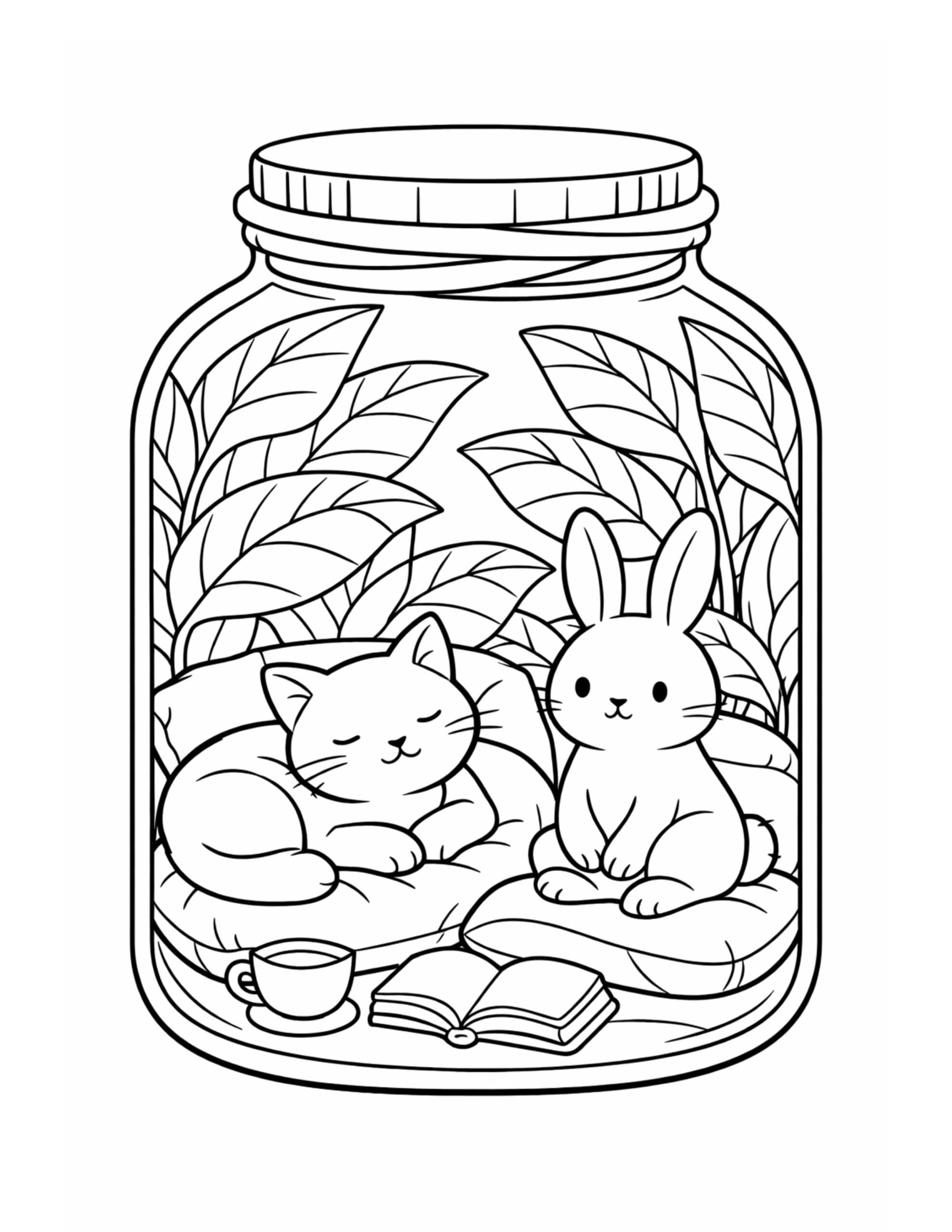 sleepy cat with bunny jar coloring page with cushions, leafy background, teacup and open book coloring page
