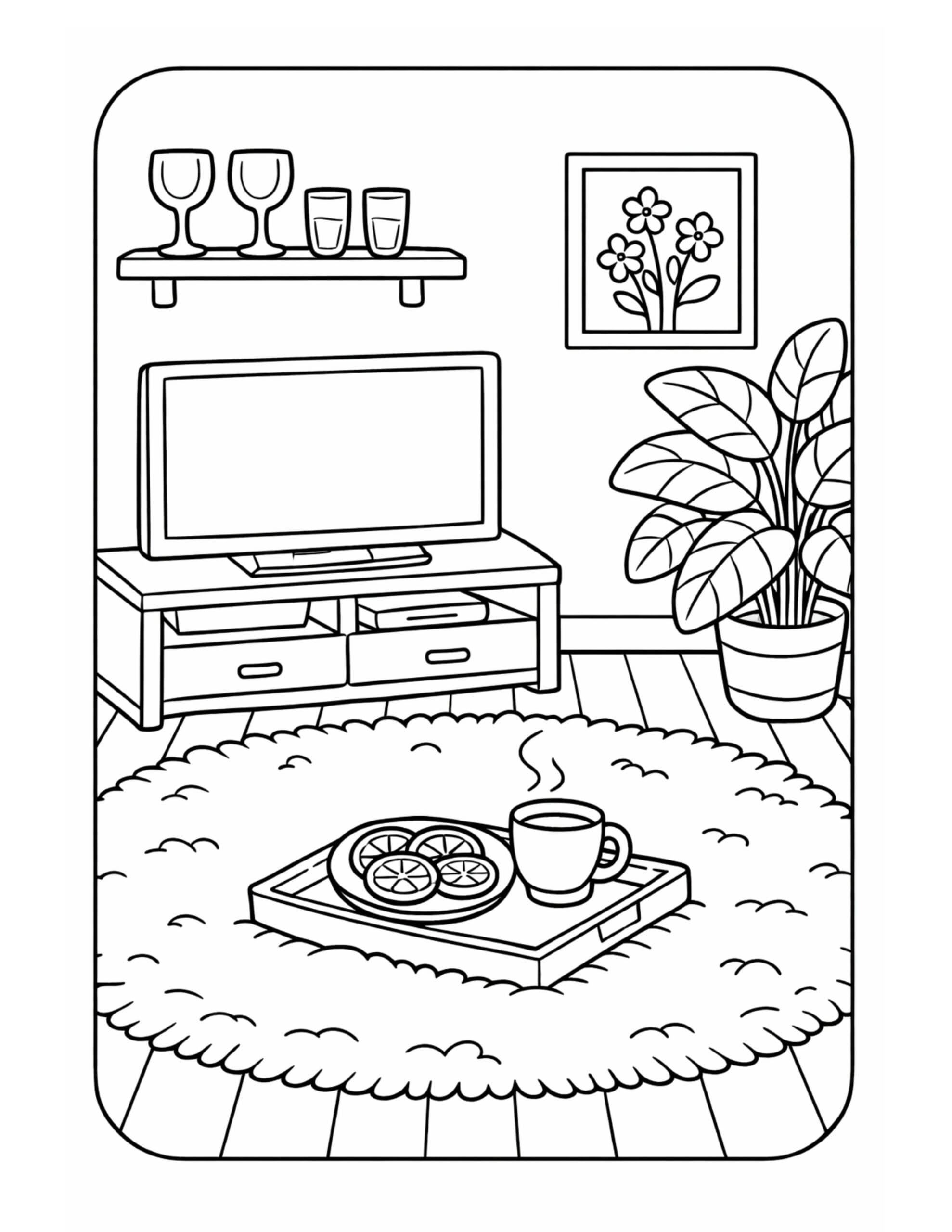 steaming mug on rug tray coloring page featuring a tv stand, fluffy rug, and big potted plant coloring page