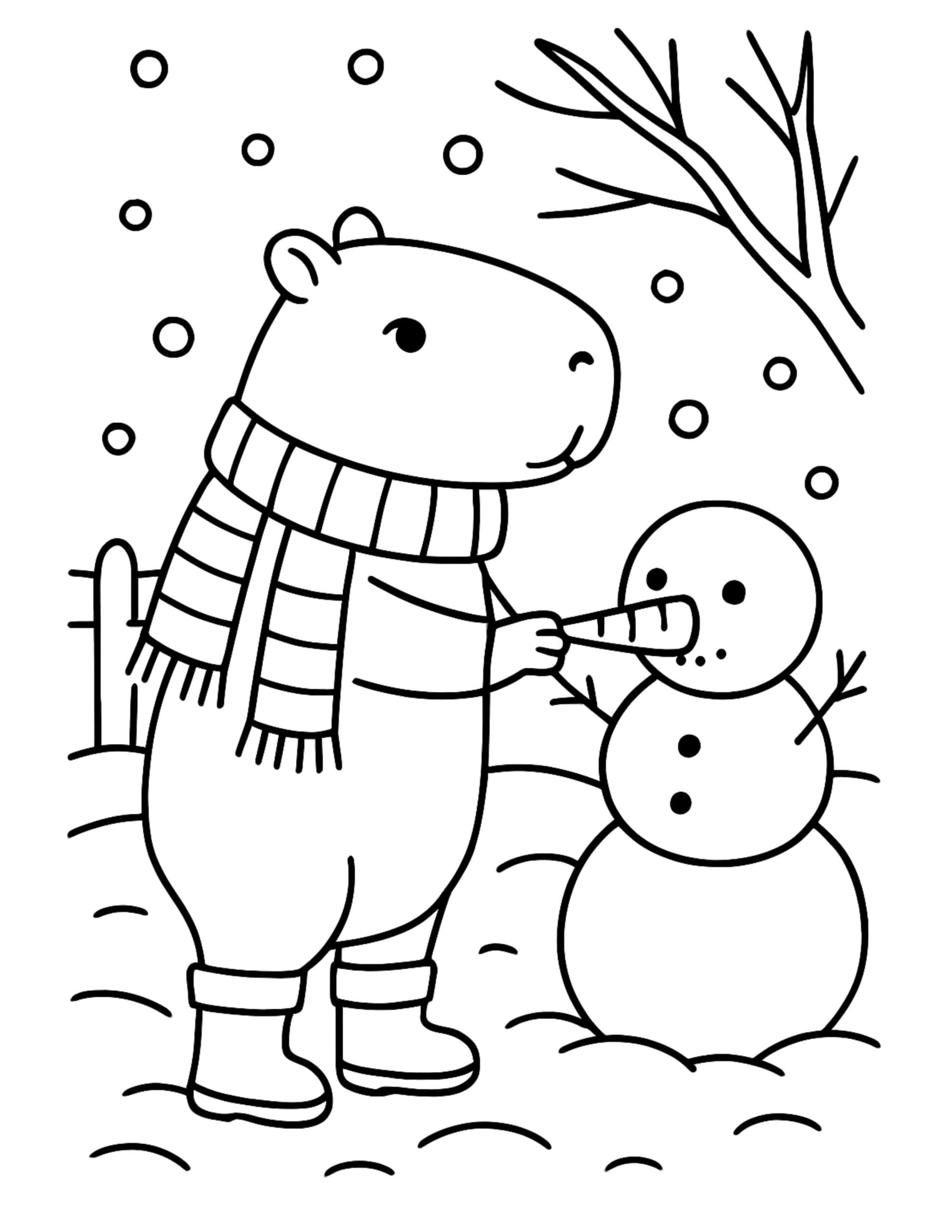capybara wearing a scarf and boots building a snowman in the snow coloring page
