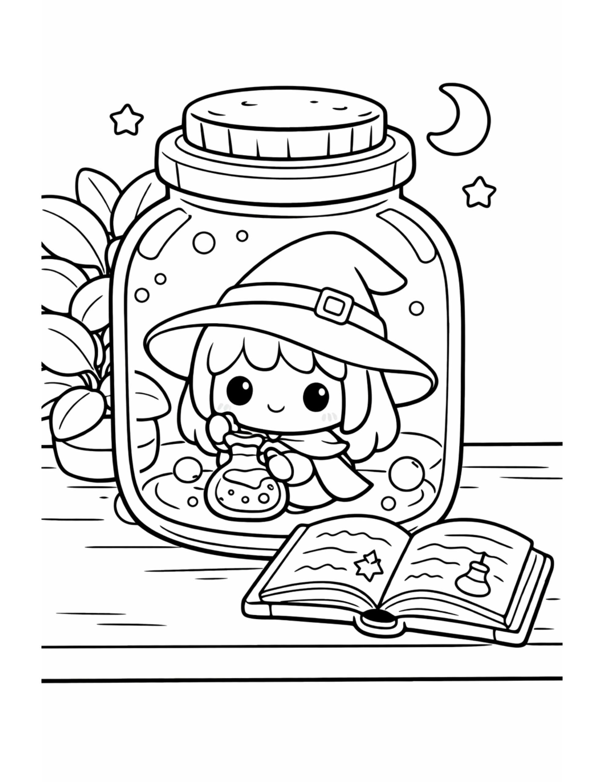 witch in a cozy jar coloring page with a cute witch, potion bottle, and open spellbook