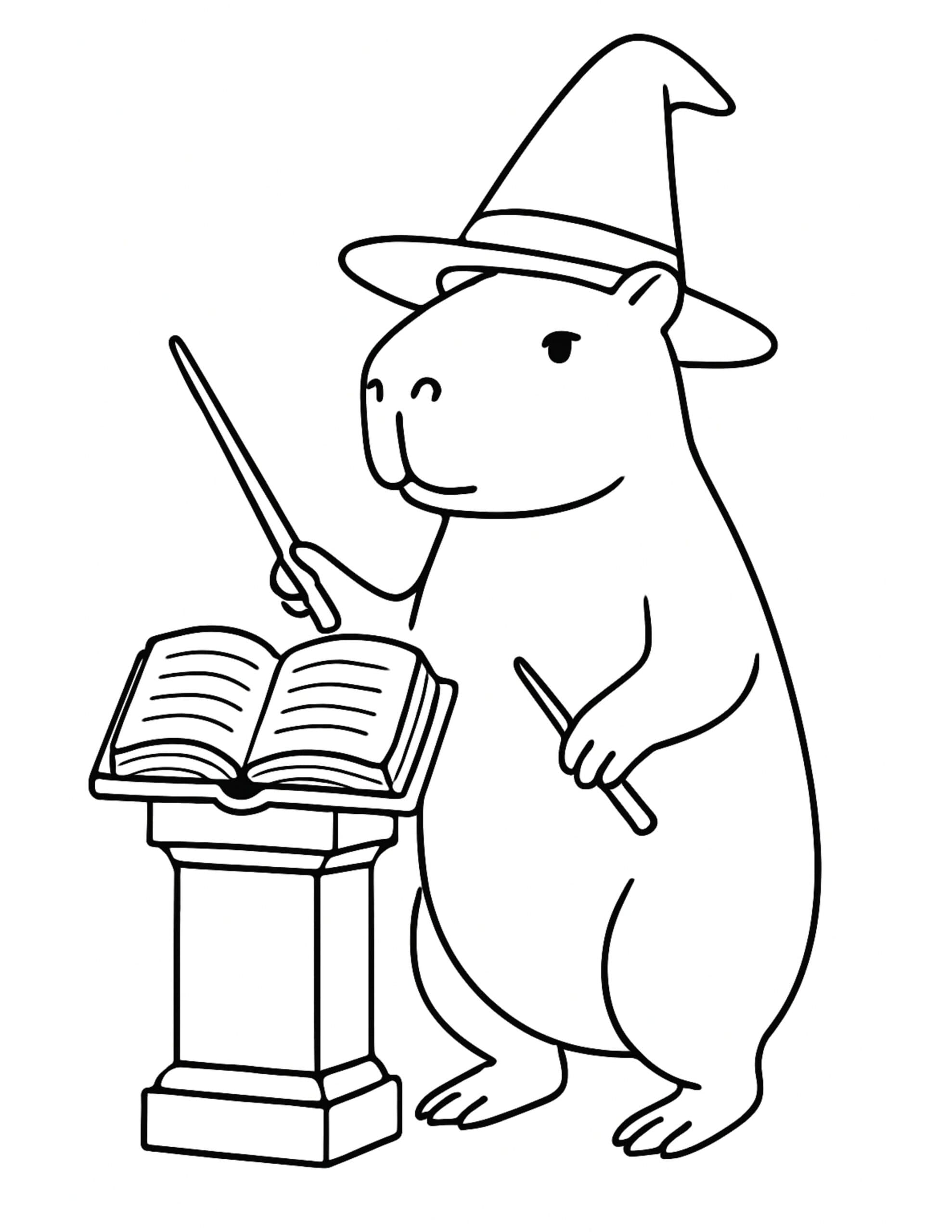 wizard capybara wearing a pointed hat holding a wand next to an open spell book coloring page