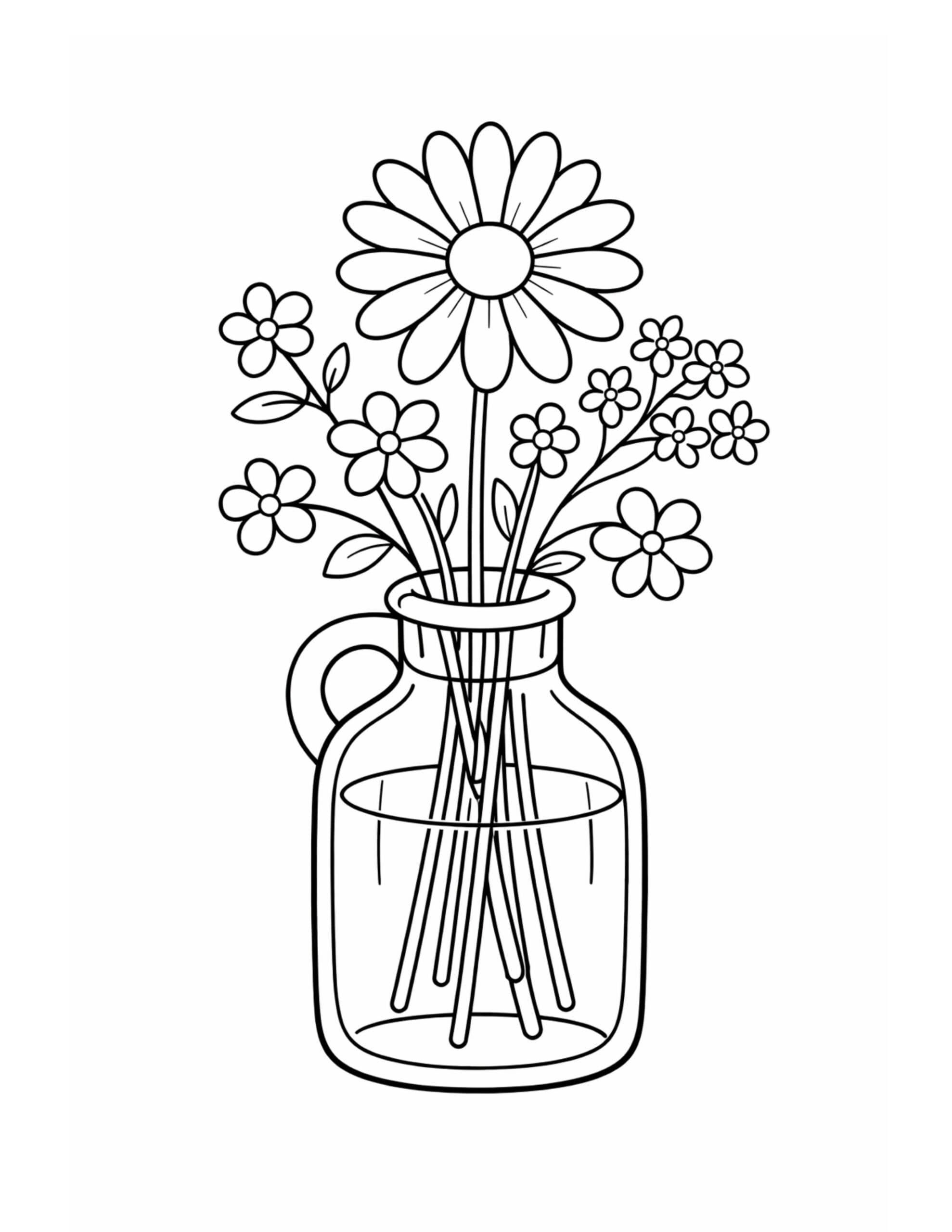 daisies in a mason jar coloring page with a large daisy, small blossoms, and visible stems in glass coloring page