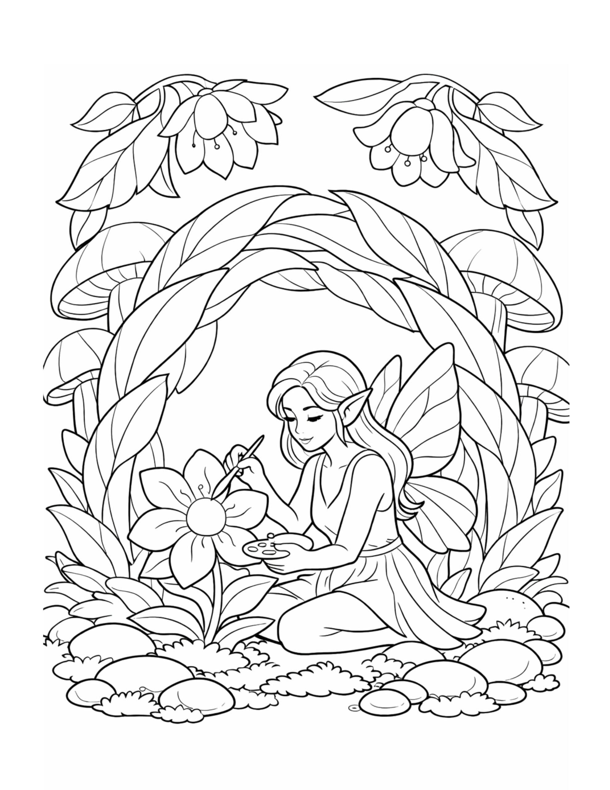 fairy painting a flower coloring page showing a fairy with a brush and palette inside a leafy arch