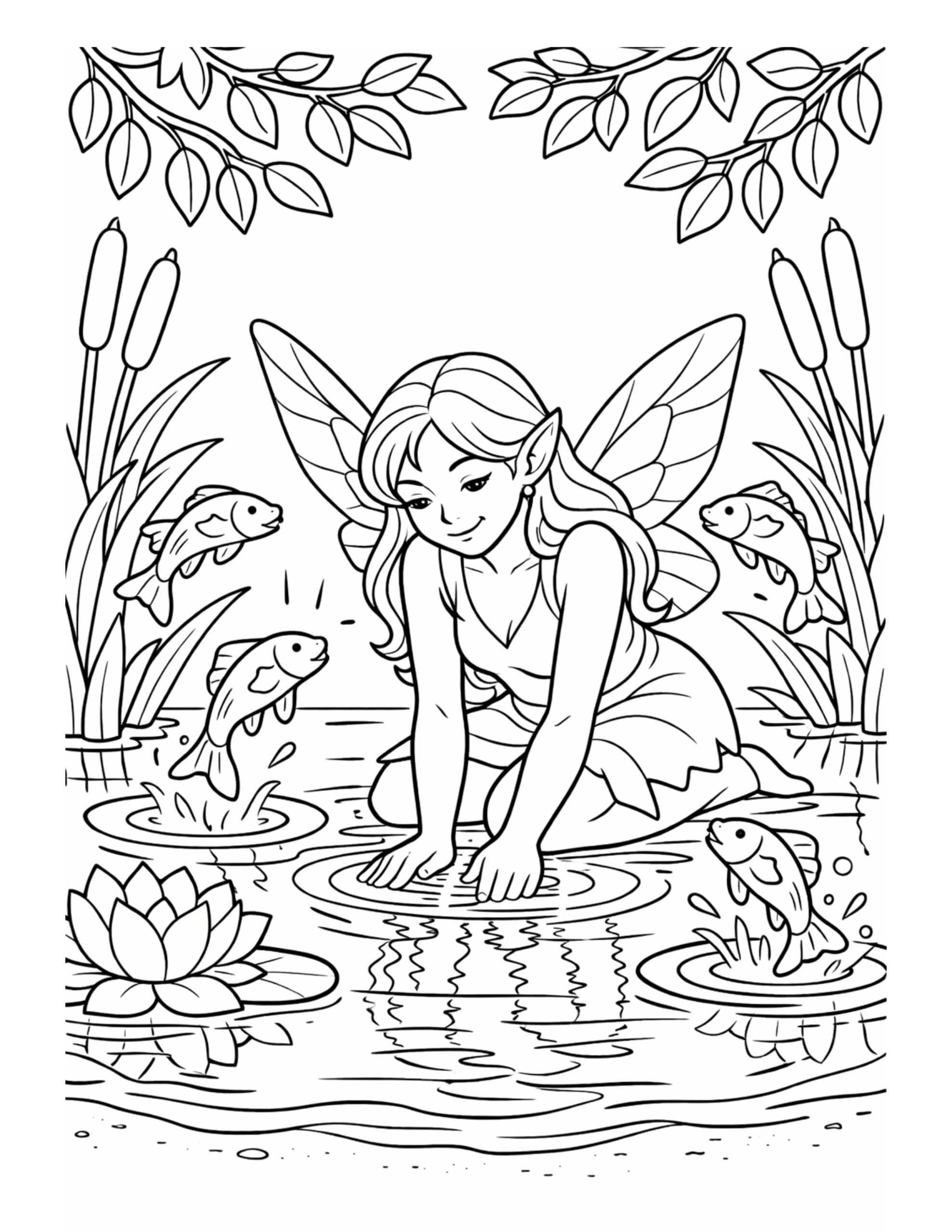 fairy touching pond fish coloring page with a kneeling fairy, jumping fish, reeds, and a lotus coloring page