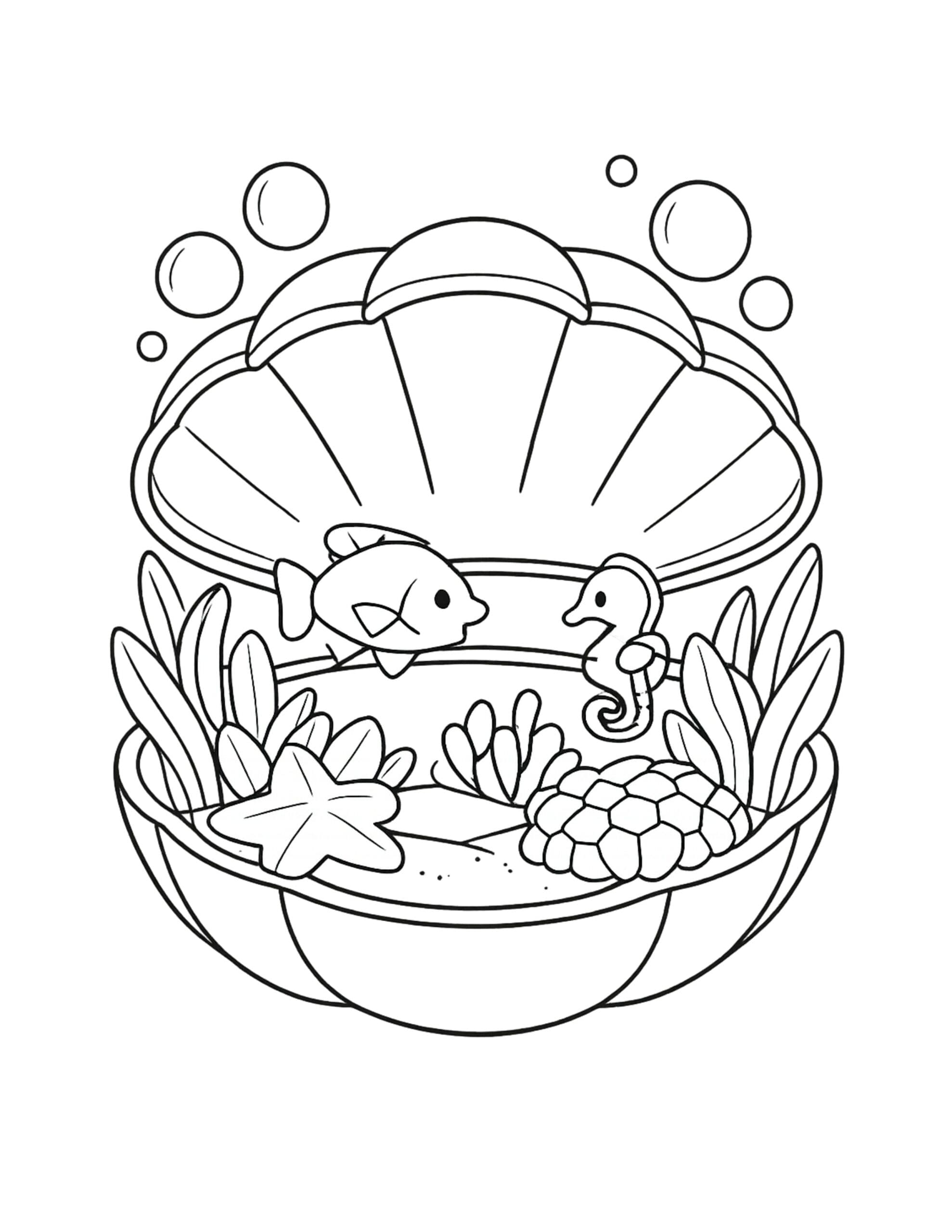 fish and seahorse in clam coloring page with open shell, bubbles, coral, and a starfish coloring page
