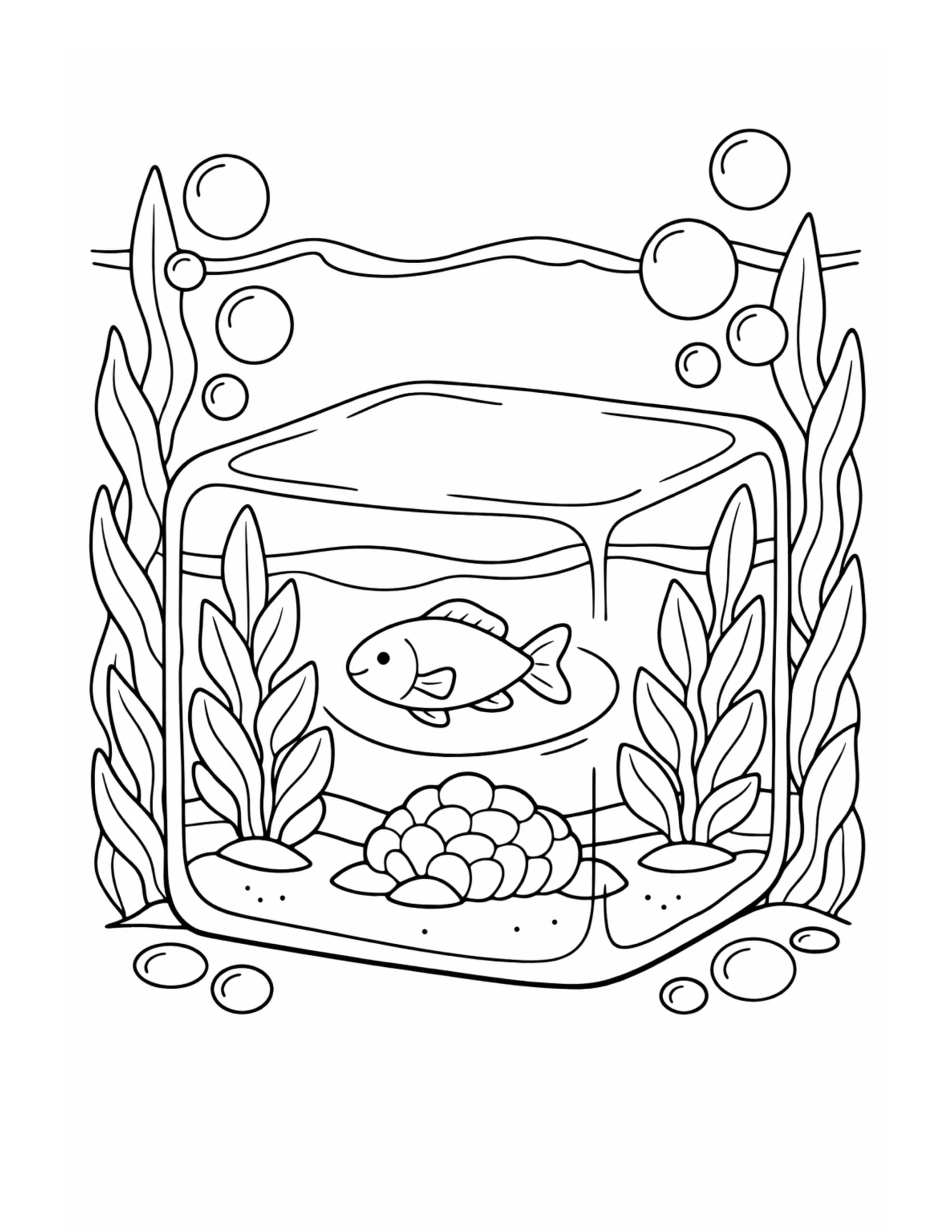 fish in cube aquarium coloring page featuring a cube tank underwater with bubbles and sea plants coloring page