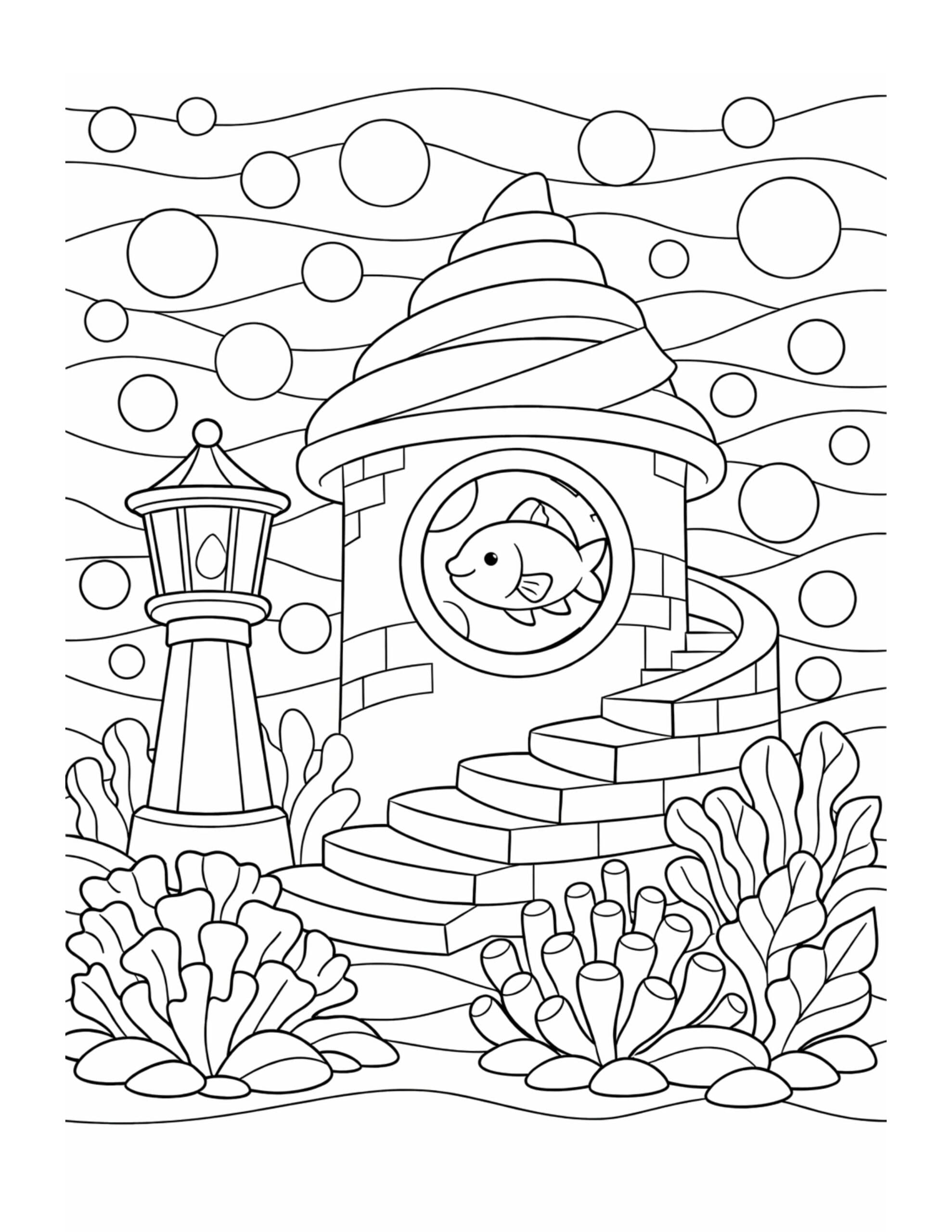 fish in lighthouse window coloring page with spiral tower, curved stairs, bubbles, and sea plants coloring page