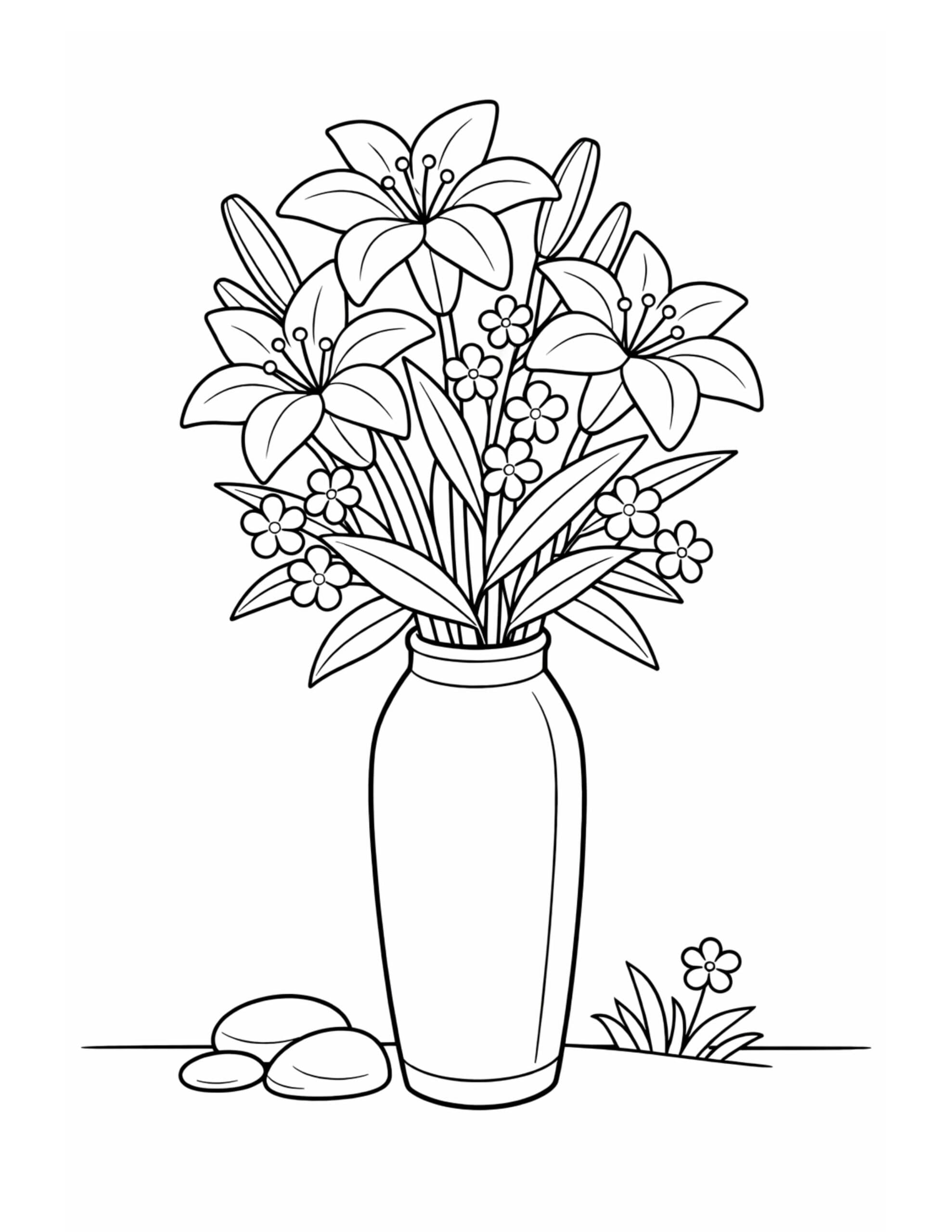 lilies in tall vase coloring page featuring a bouquet of lilies and small flowers in a slim vase coloring page