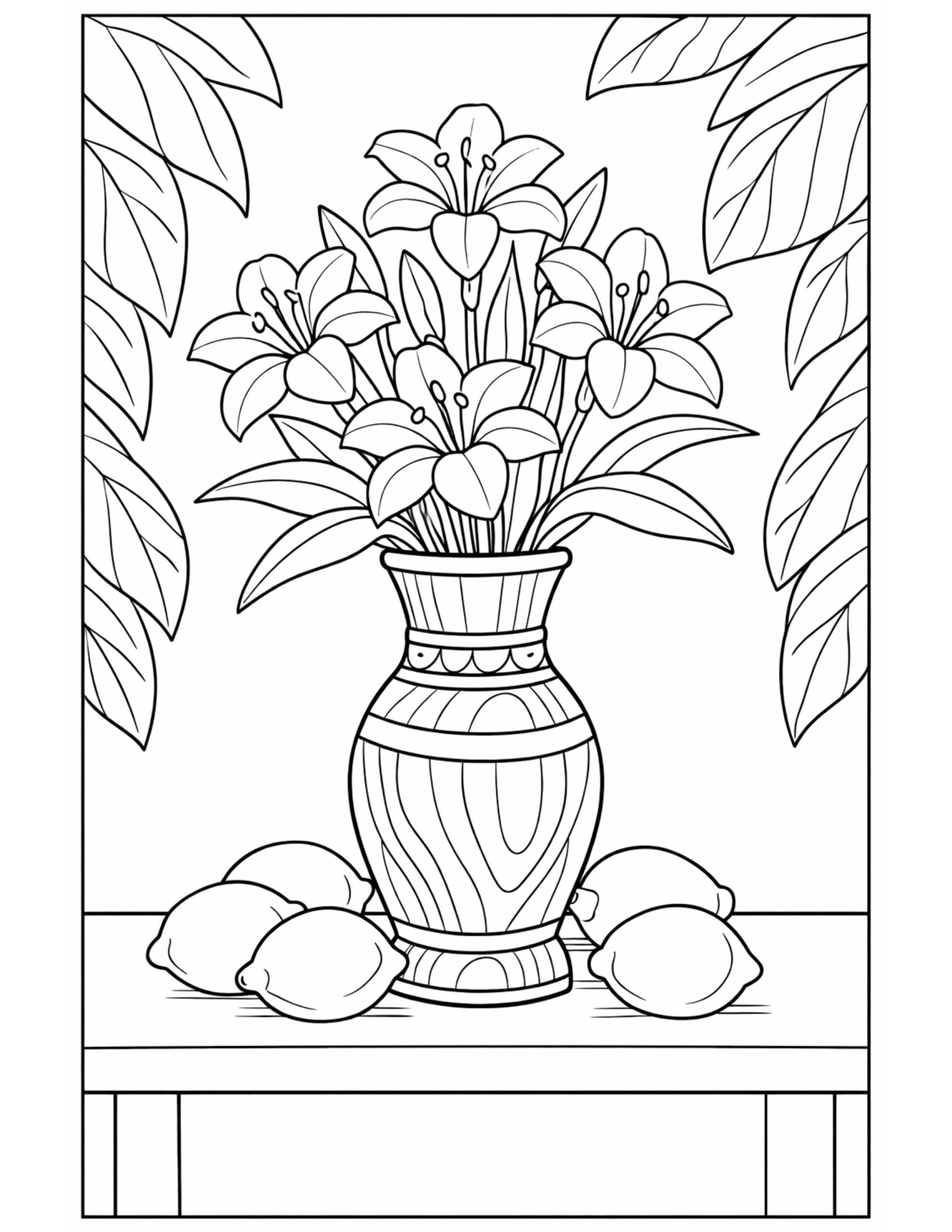 lily bouquet in vase coloring page with flowers arranged in a decorative vase on a table coloring page