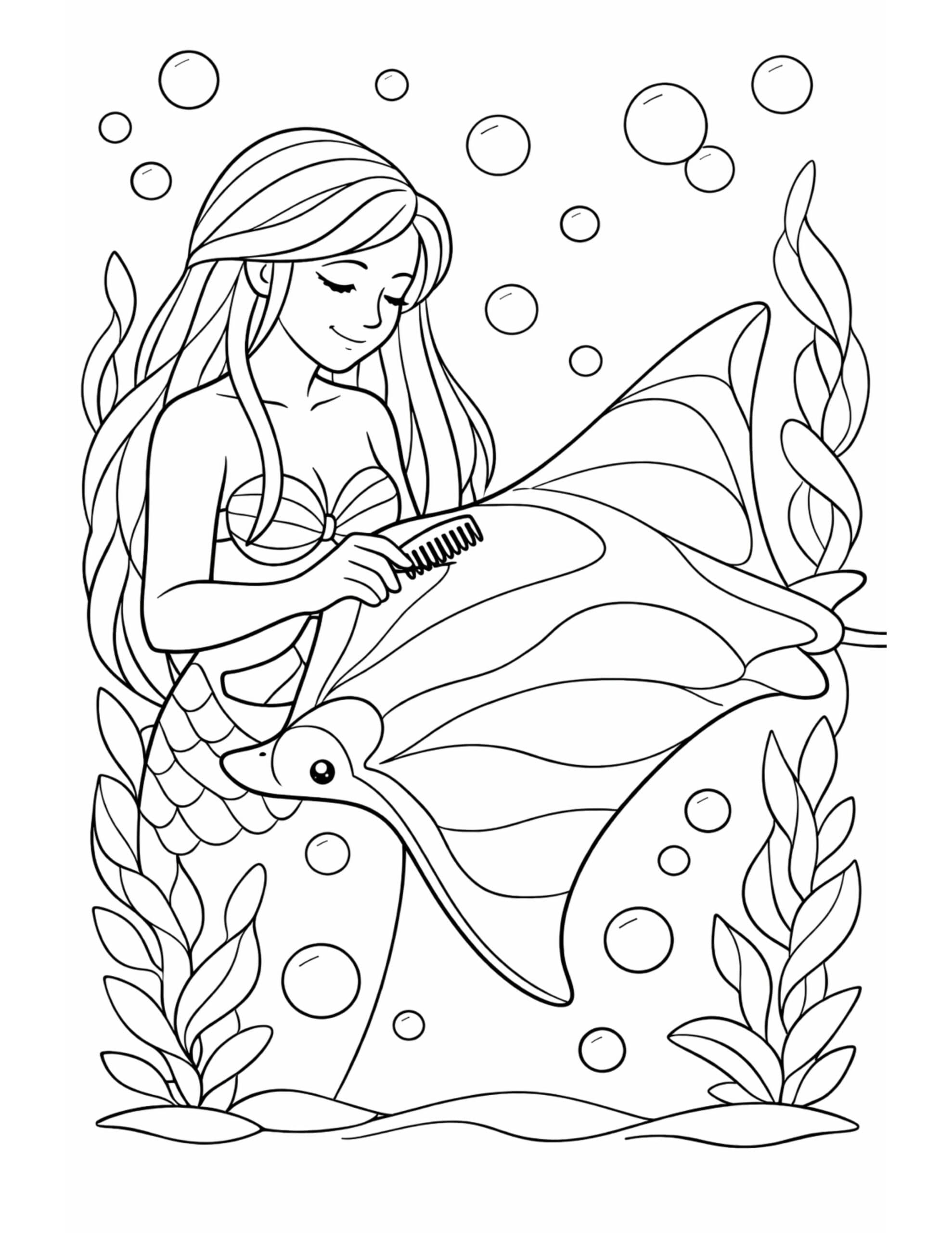 mermaid combing her hair coloring page with bubbles, seaweed, and a flowing tail underwater coloring page