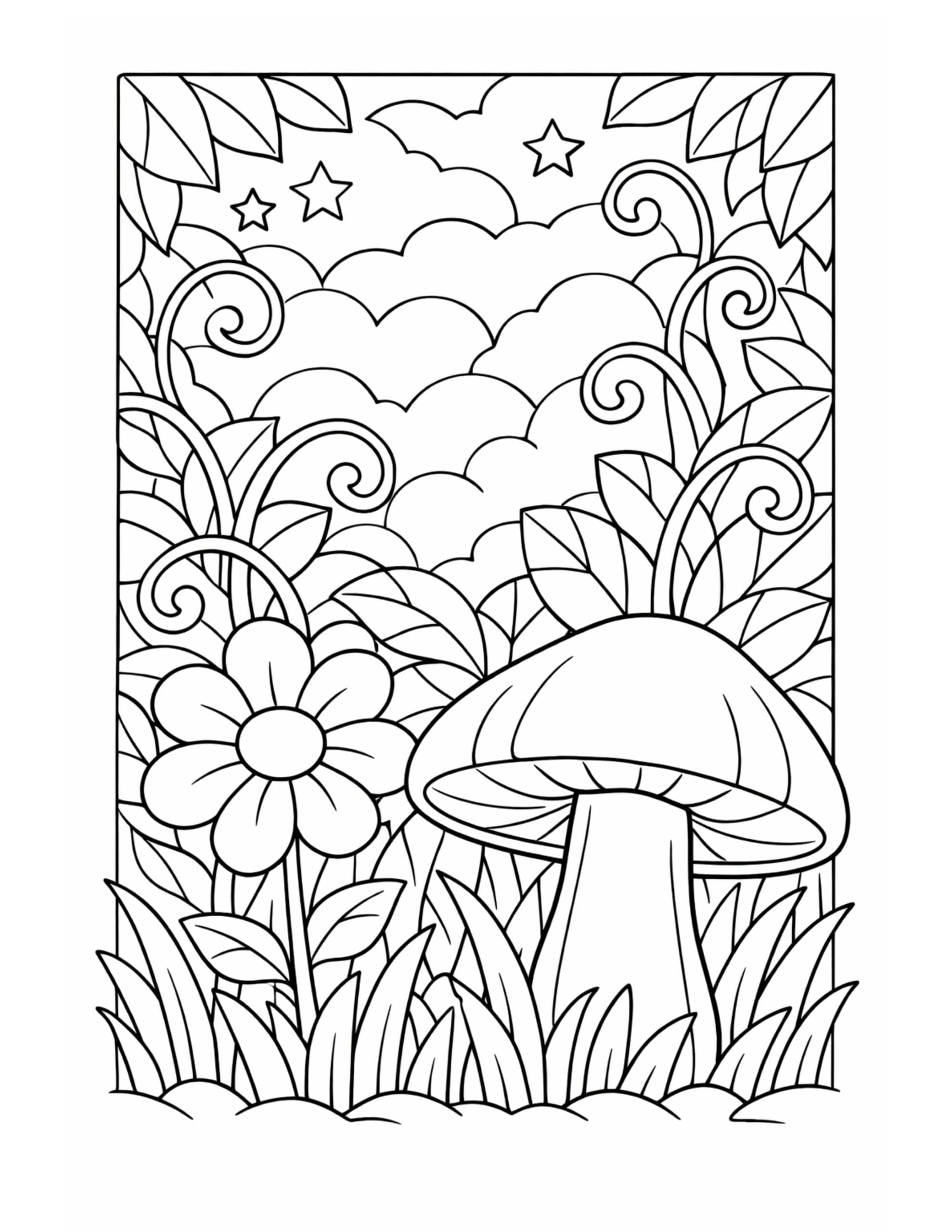 mushroom in starry garden coloring page with leaves flowers clouds and stars