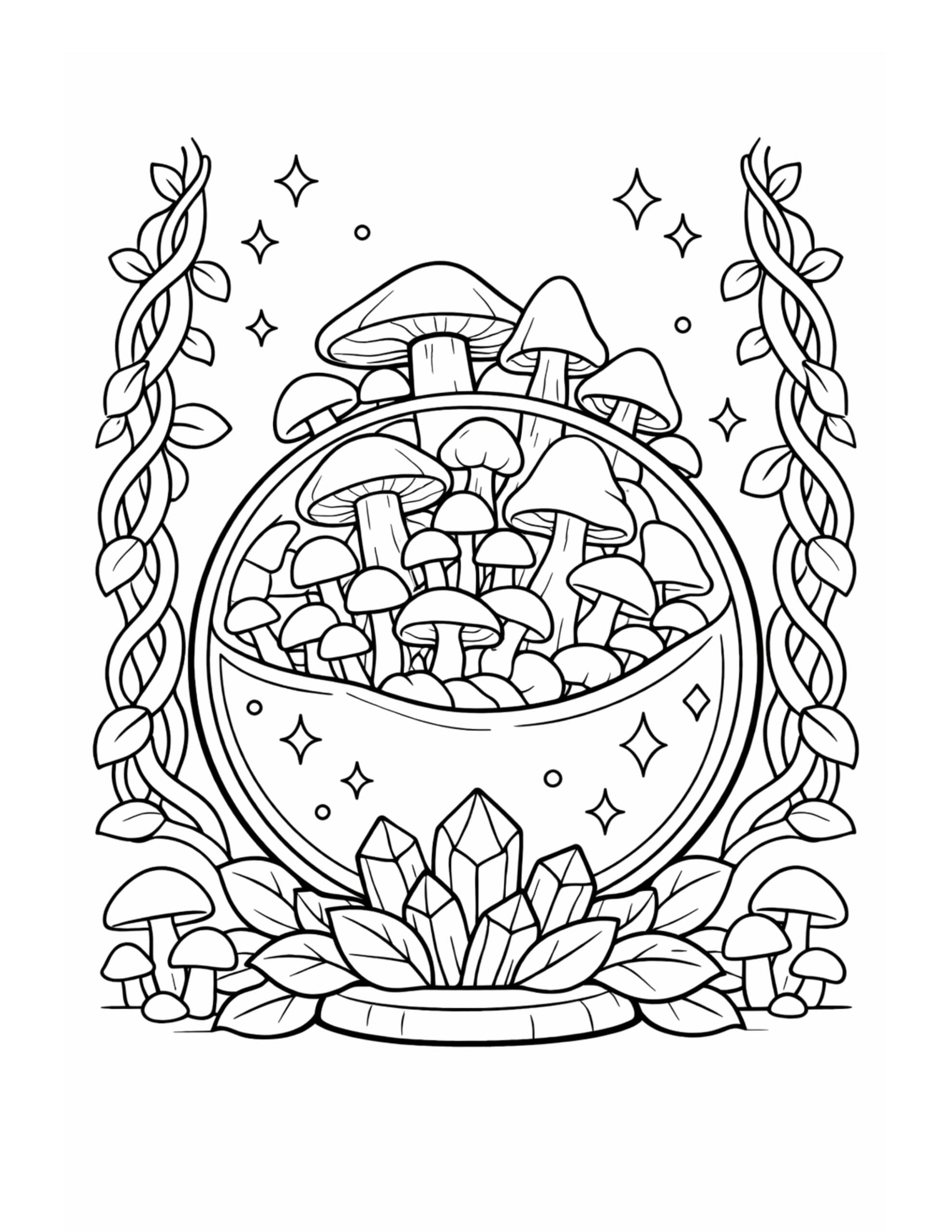 mushrooms in crystal orb coloring page with a round orb full of mushrooms, sparkles, side vines, and crystals coloring page