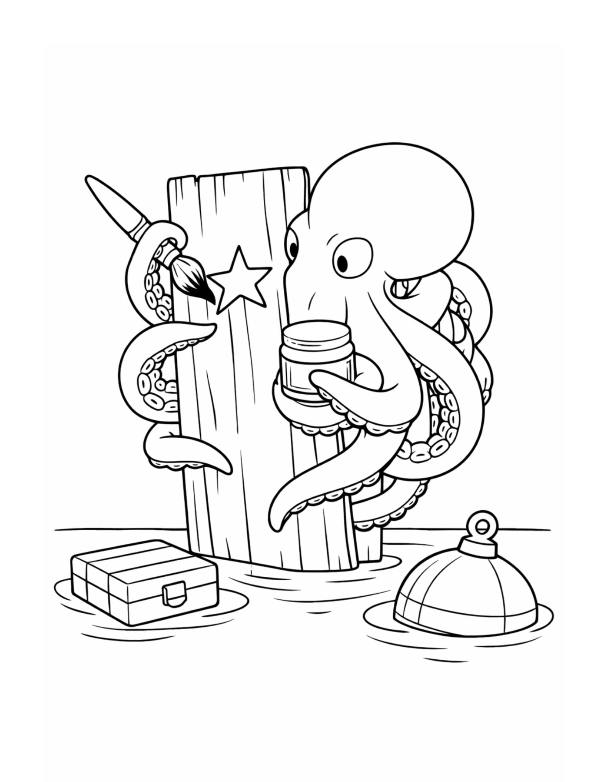 octopus painting a star coloring page with octopus holding paint and brush underwater coloring page