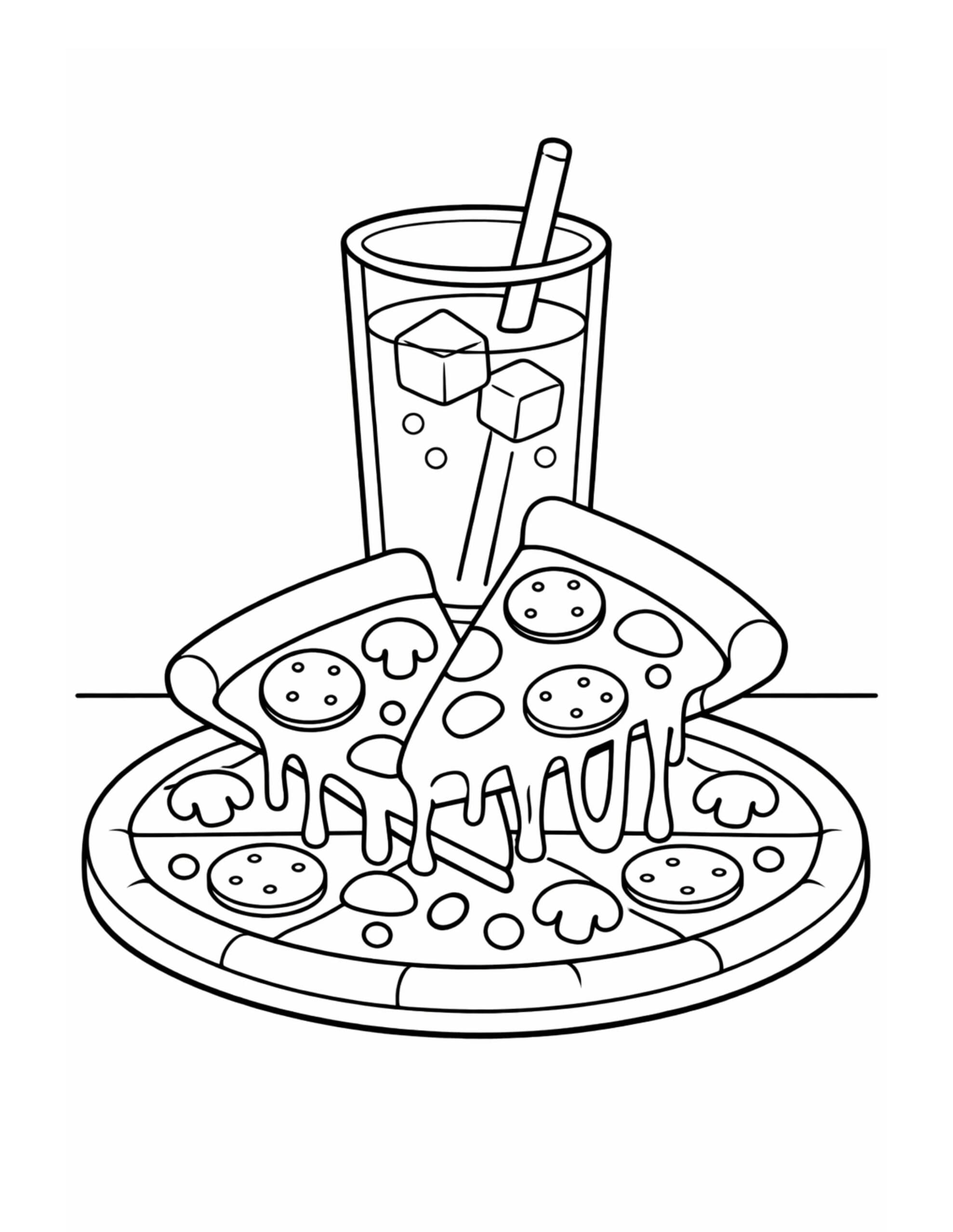 pizza slices with soda coloring page showing cheesy pizza slices and a cold drink with ice cubes coloring page