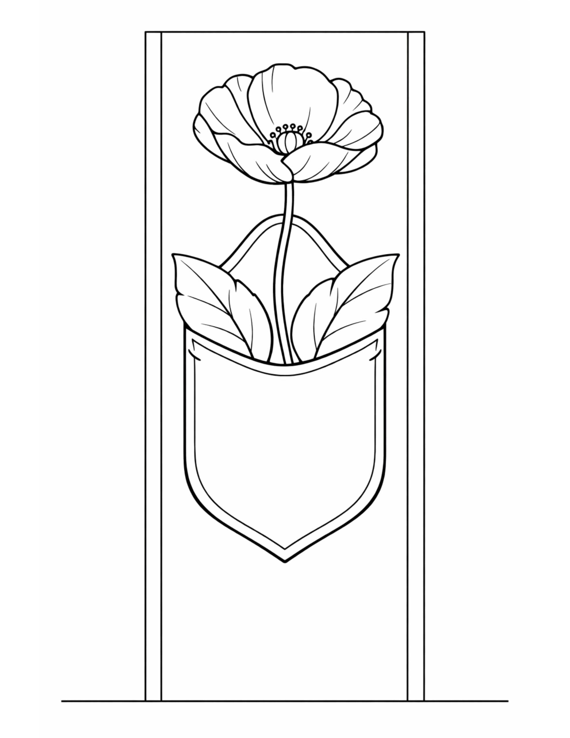 poppy in hanging pocket coloring page with a single bloom rising from a pocket planter inside a tall frame coloring page