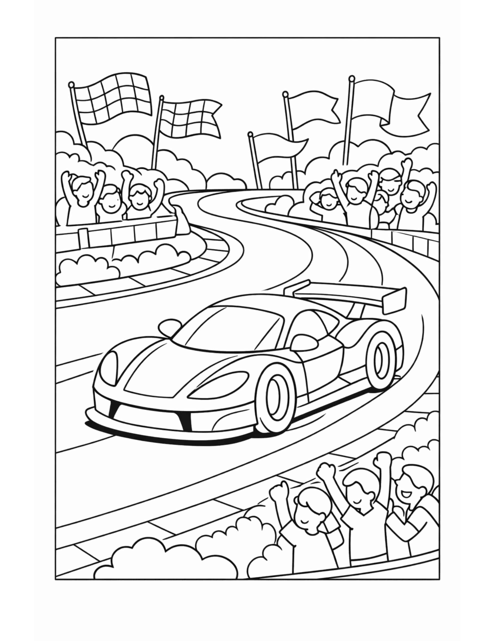race car on winding track coloring page with cheering crowd and flags, dynamic racing scene coloring page