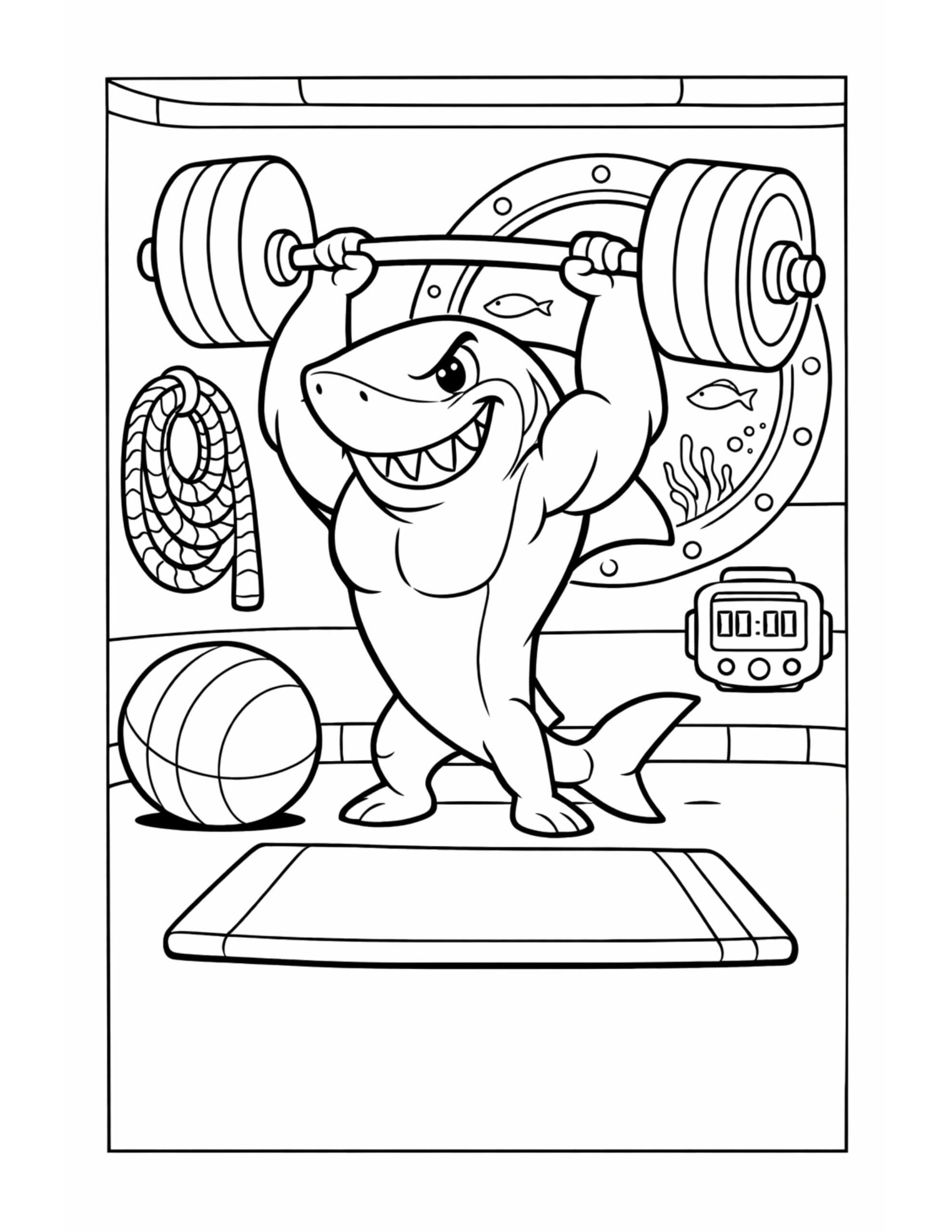 shark lifting a barbell coloring page with a gym mat, rope, and a porthole window coloring page