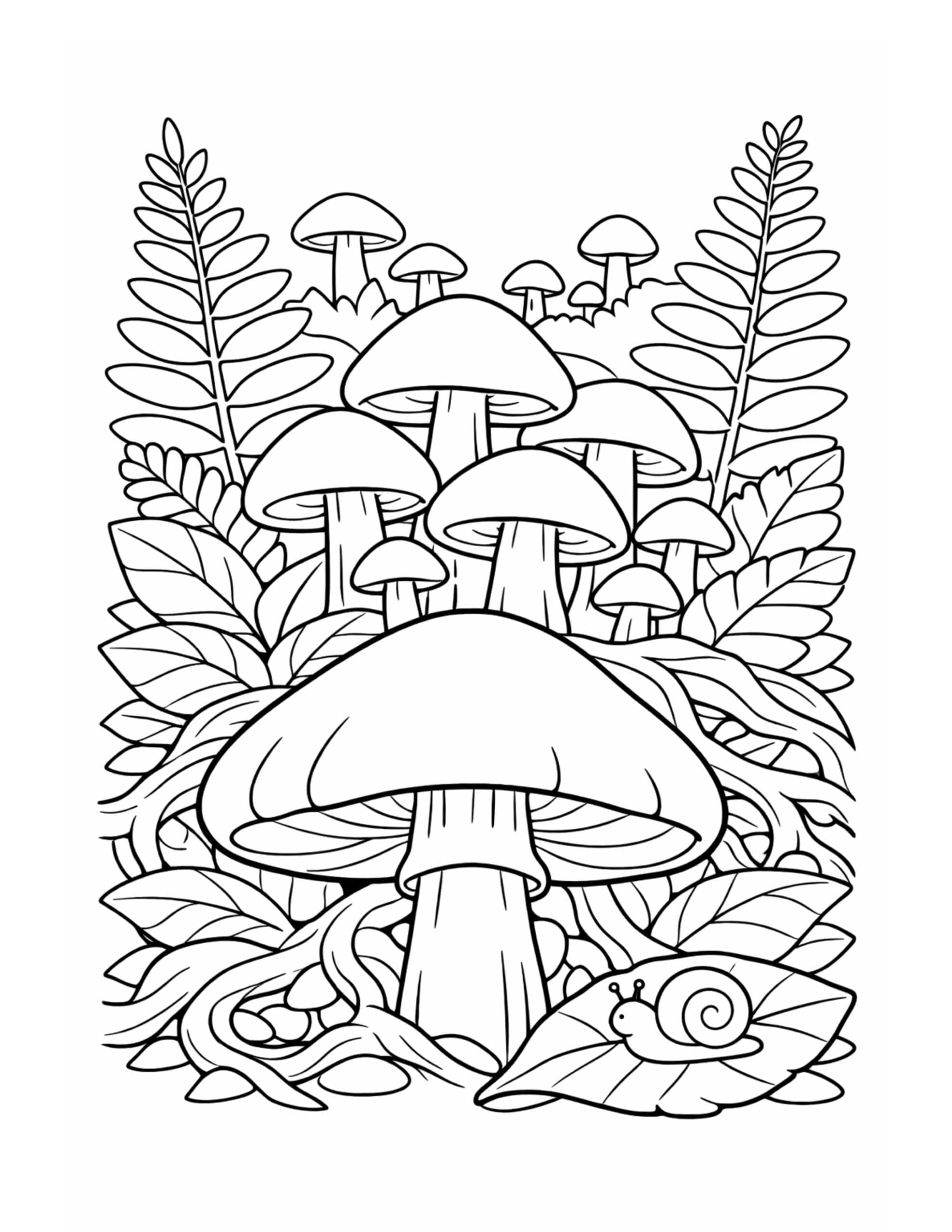 snail in mushroom garden coloring page featuring a large mushroom, leafy plants, and a small snail on a leaf coloring page