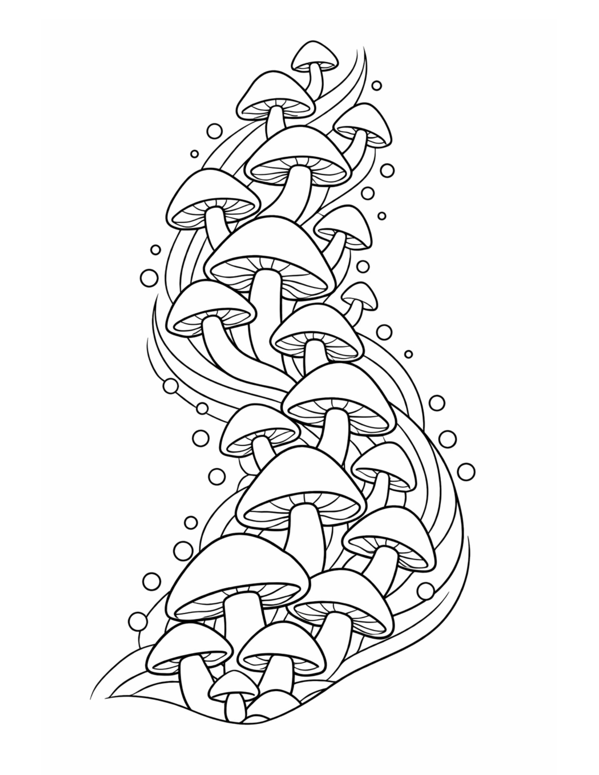 spiraling mushroom tower coloring page with tall mushrooms flowing upward coloring page