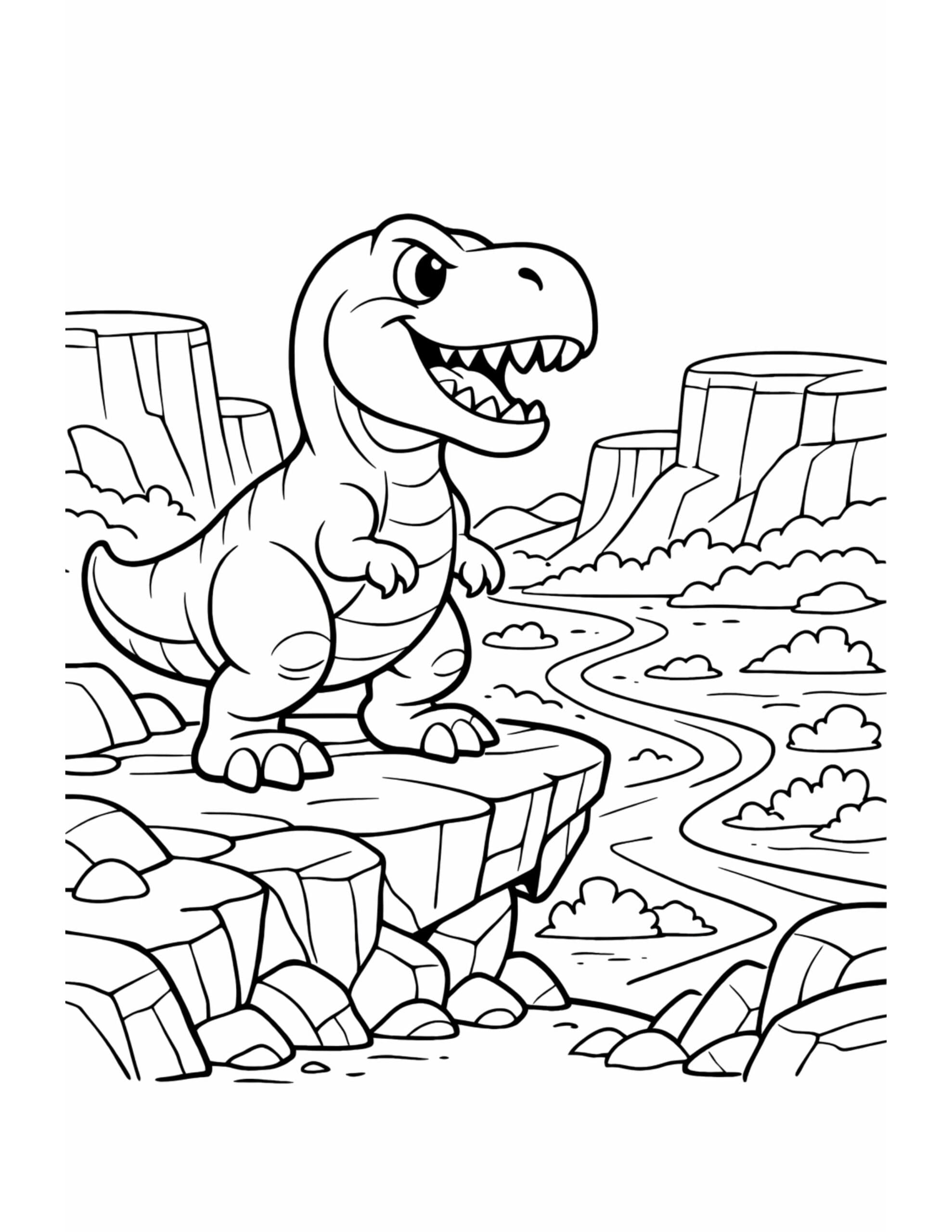 t rex on canyon cliff coloring page overlooking a winding river and mesas