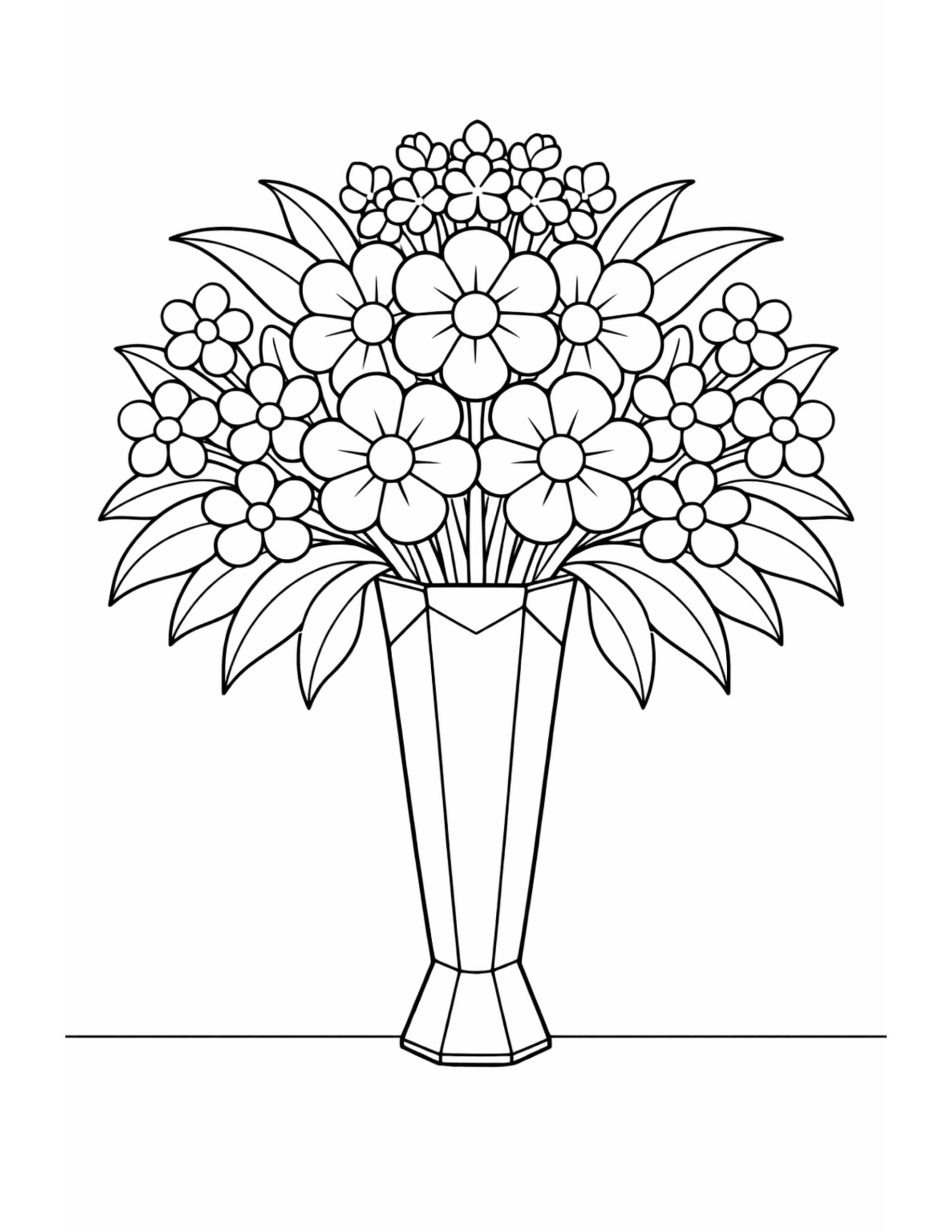 tall vase flower bouquet coloring page with a slim vase filled with simple flowers and leafy stems coloring page