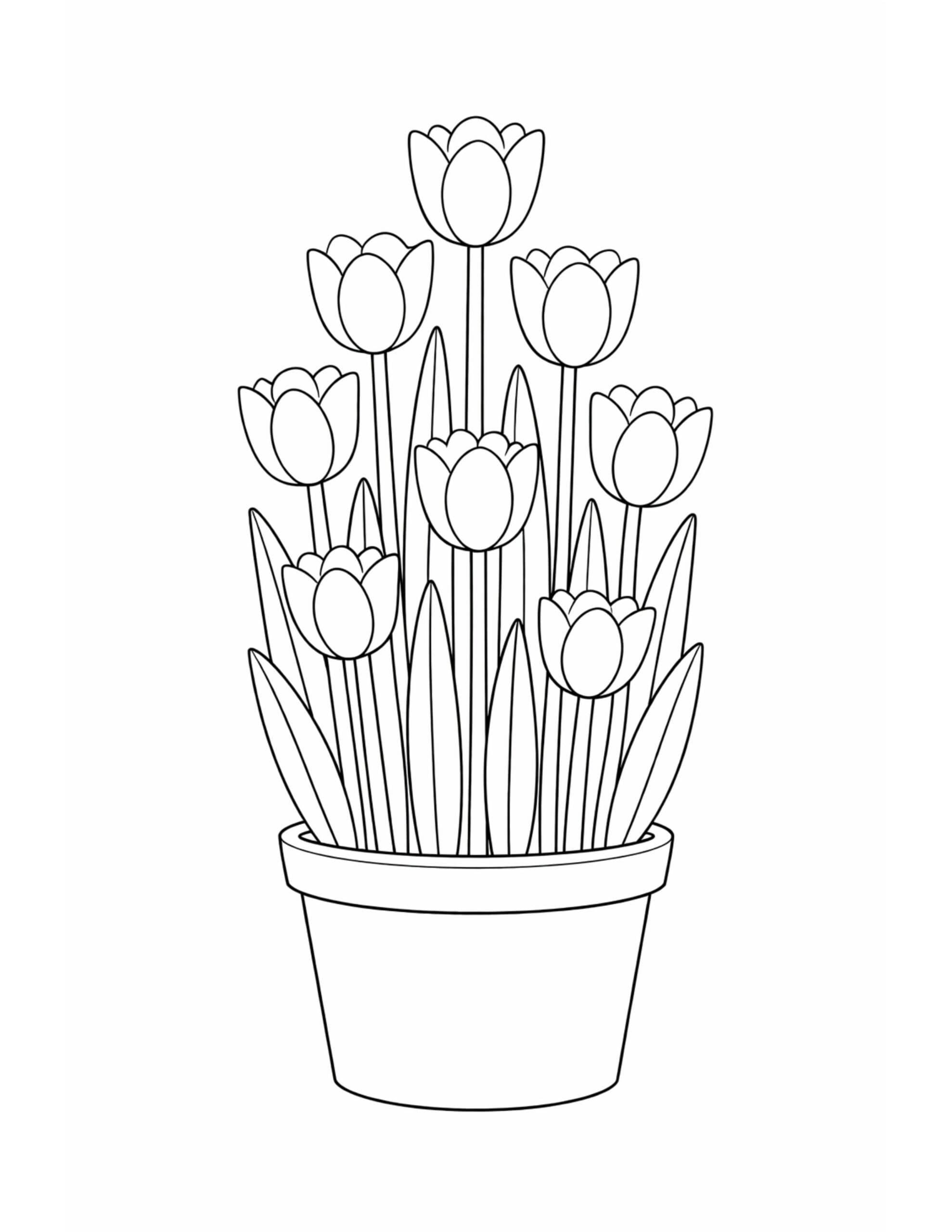tulips growing in a pot coloring page with multiple tulip blooms and long leaves in a simple planter coloring page