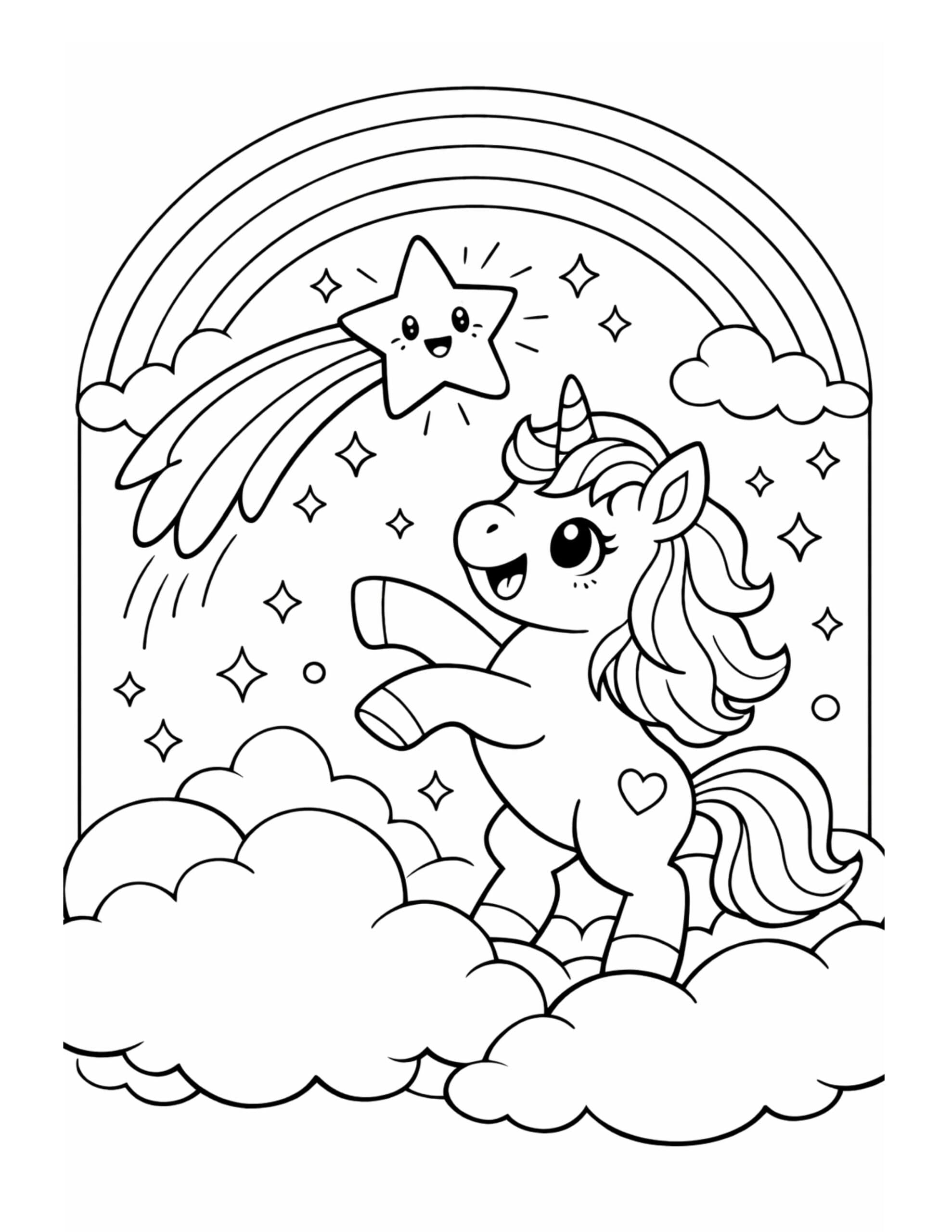 unicorn jumping on clouds coloring page with a happy unicorn, rainbow, clouds, and smiling star coloring page