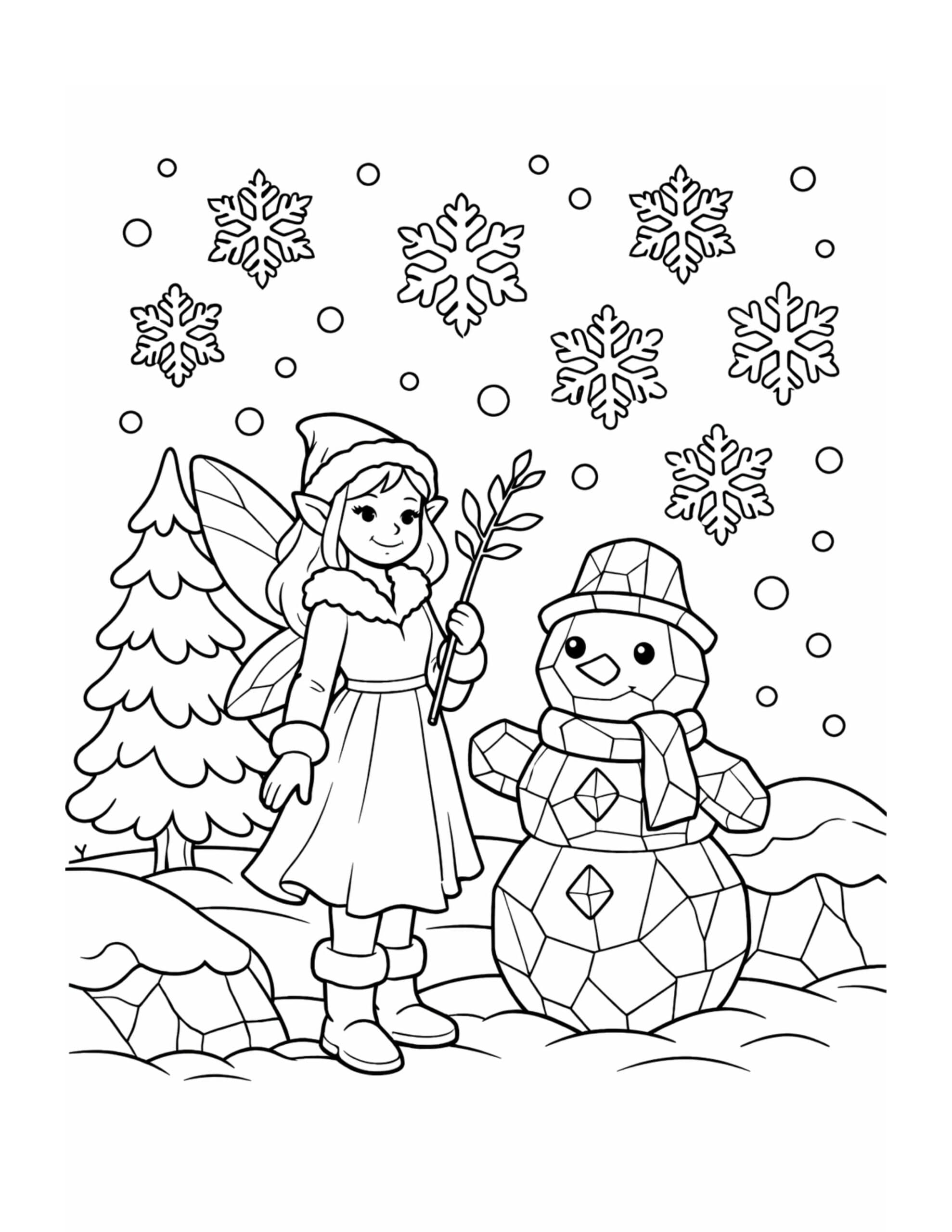 winter fairy with snowman coloring page featuring a bundled fairy beside a faceted snowman under falling snowflakes coloring page